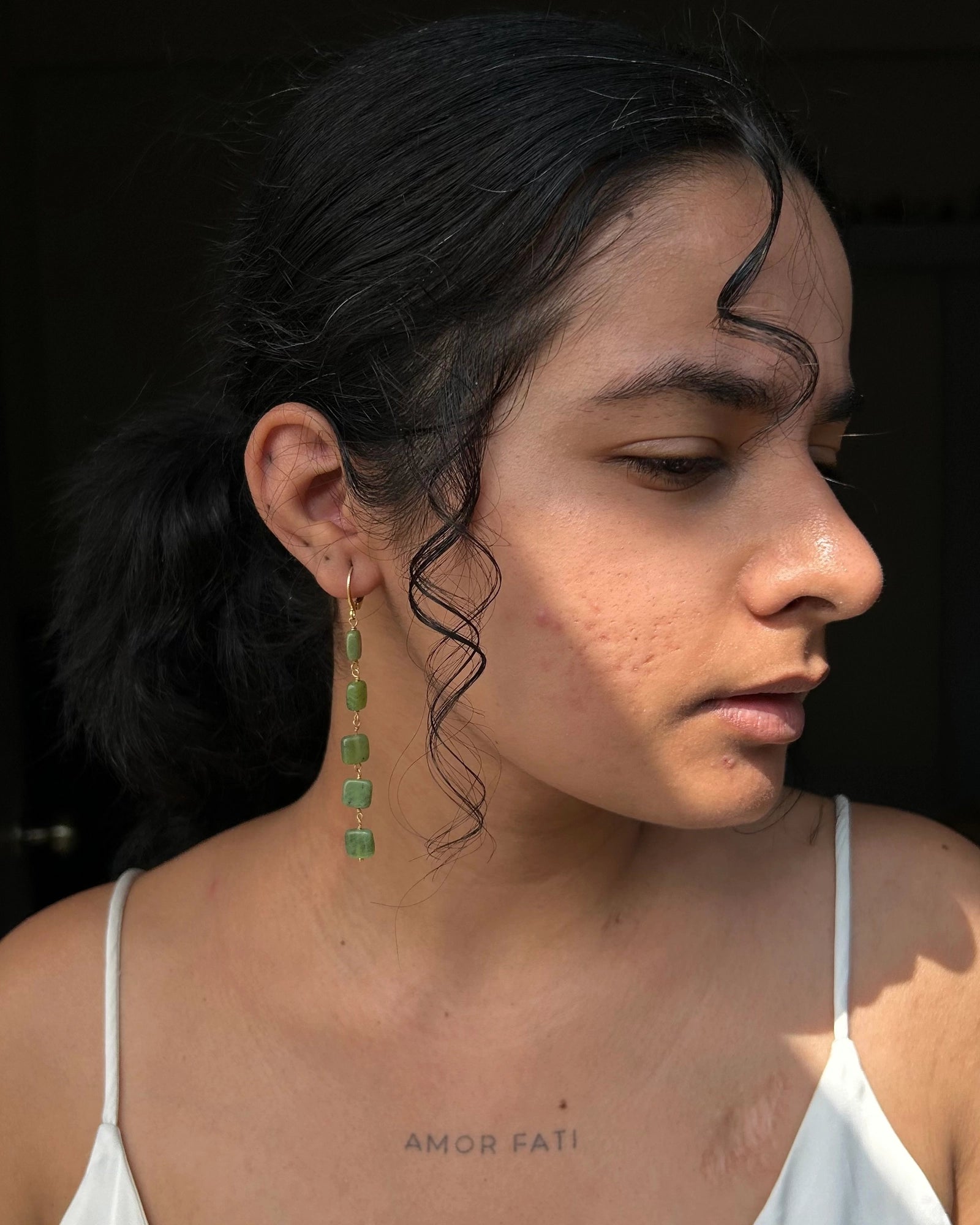 Gold Plated Jade stone Dangle Earrings handmade by A Creator's Studio