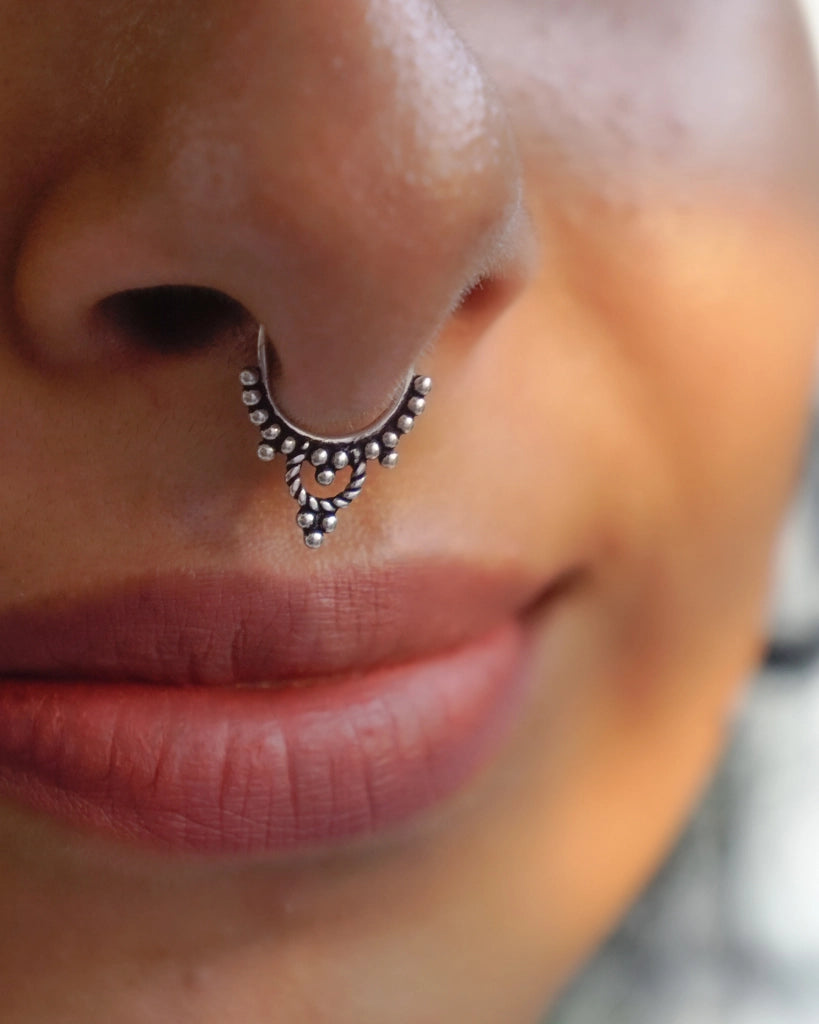 Silver oxidised septum ring for non pierced nose handmade by A Creator's Studio