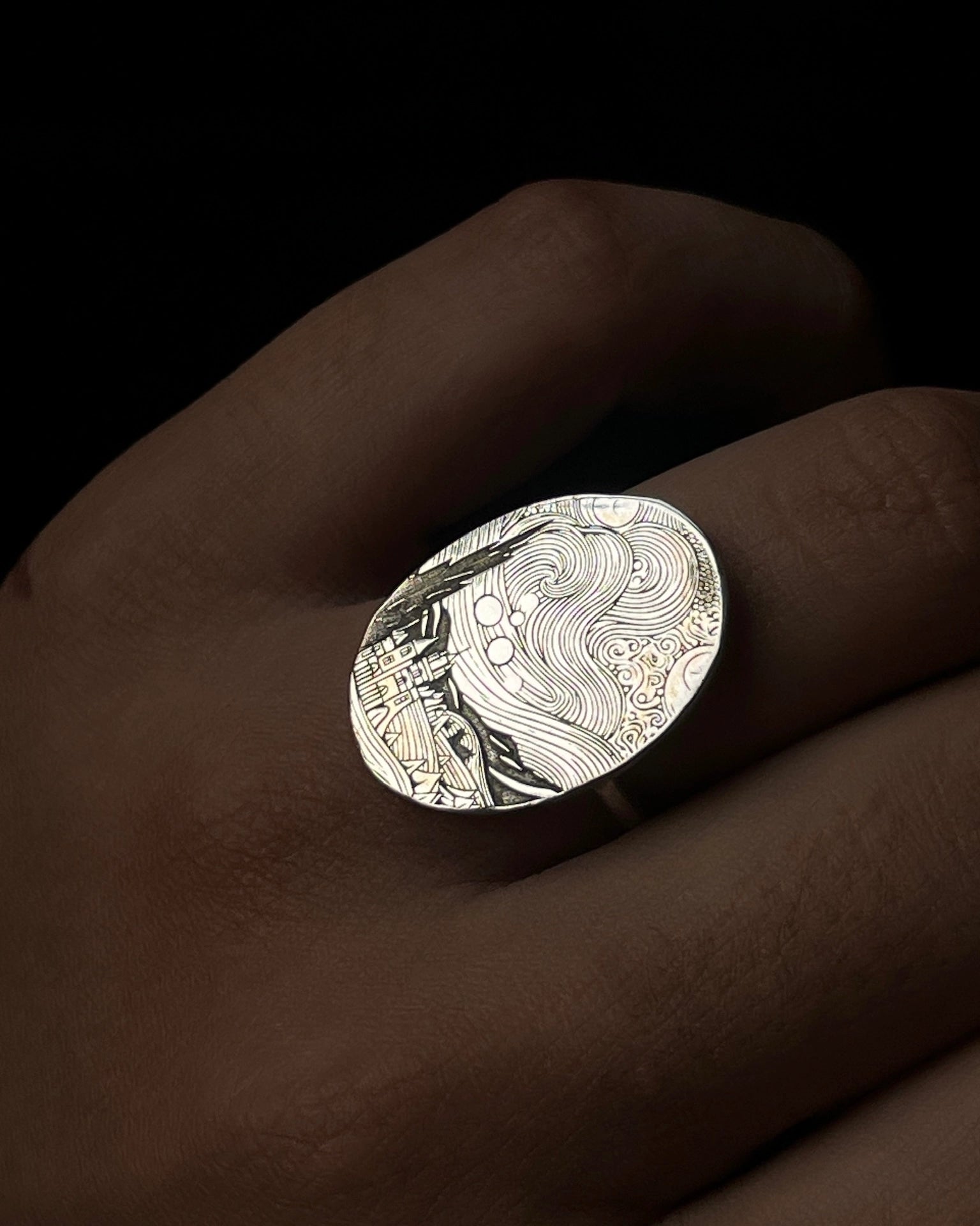 The starry night by Vincent Van Gogh inspired silver engraved ring handmade by A Creator's Studio