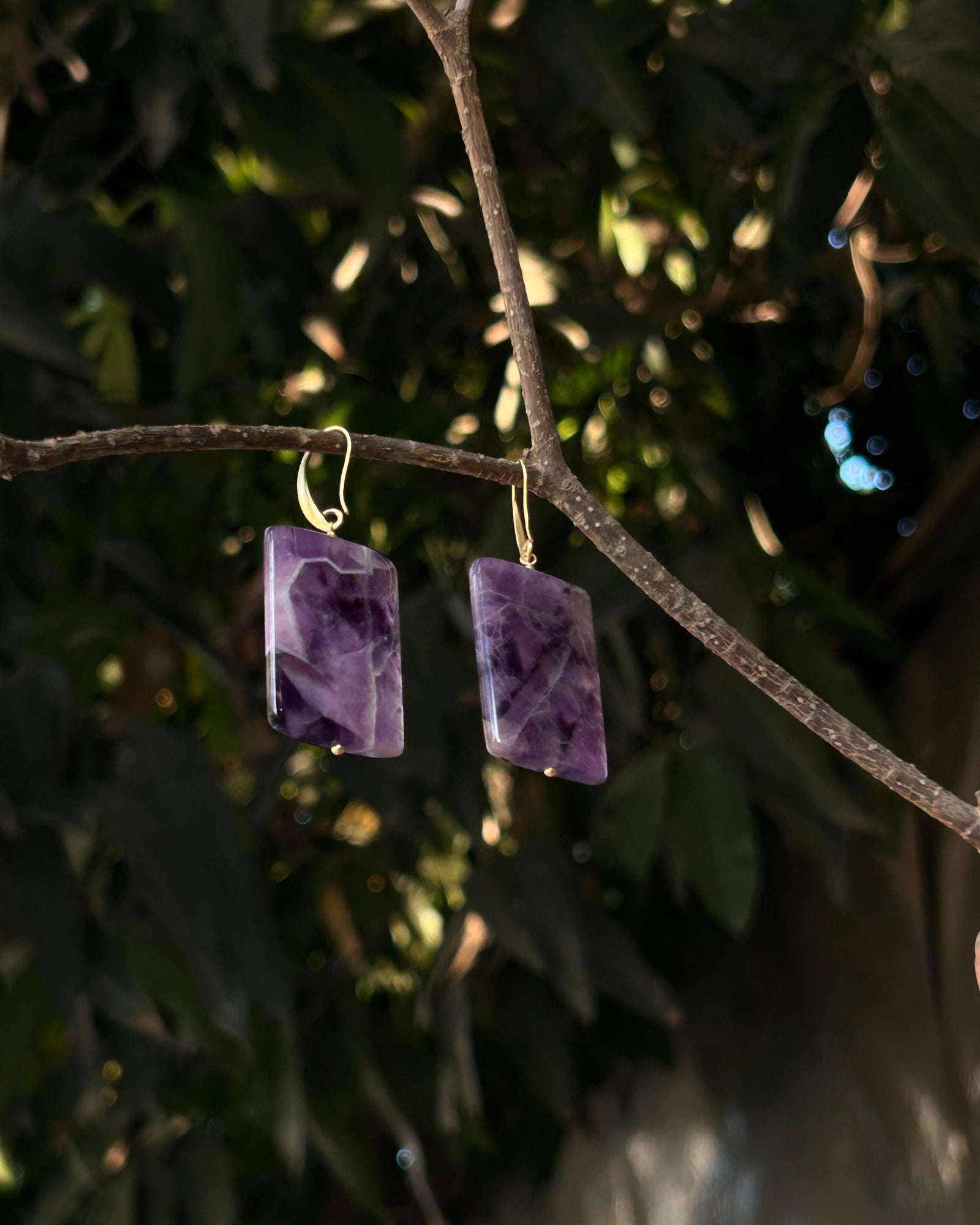 gold plated, Purple amethyst stone, drop earrings handmade by A Creator's Studio