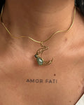 Brass wired crescent moon choker with emeralds and a chain handmade by A Creator's Studio