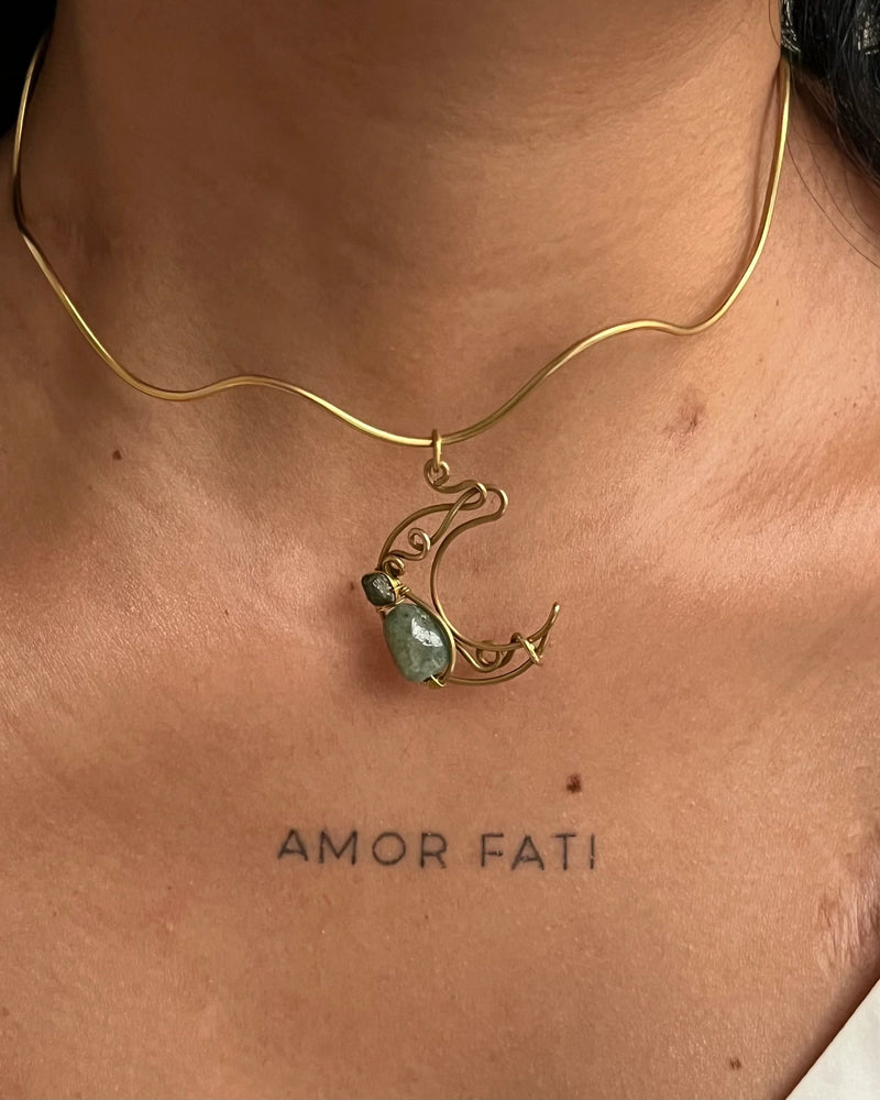 Brass wired crescent moon choker with emeralds and a chain handmade by A Creator's Studio