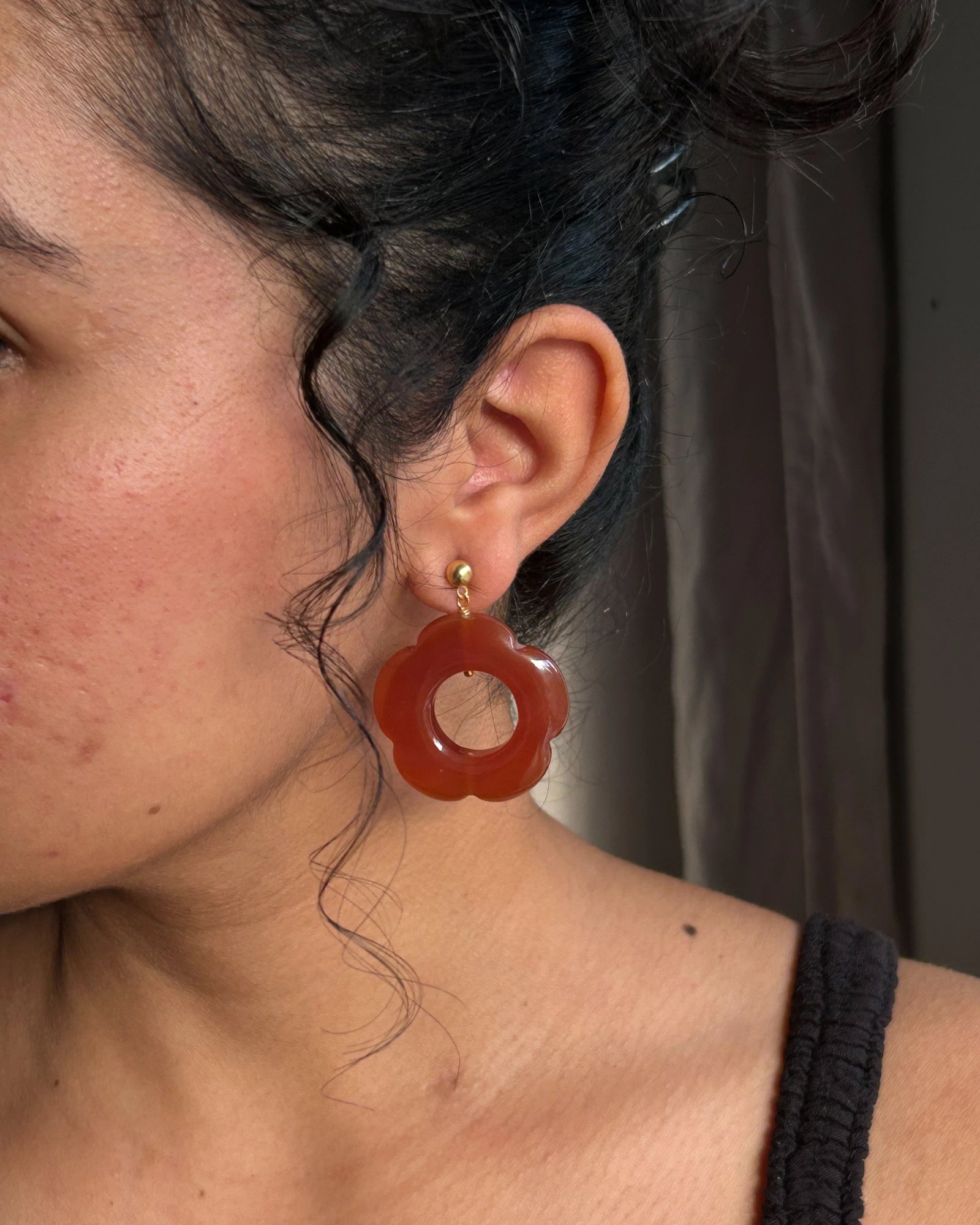 gold plated Carved Carnelian floral earrings with a carnelian flower drop handmade by A Creator's Studio