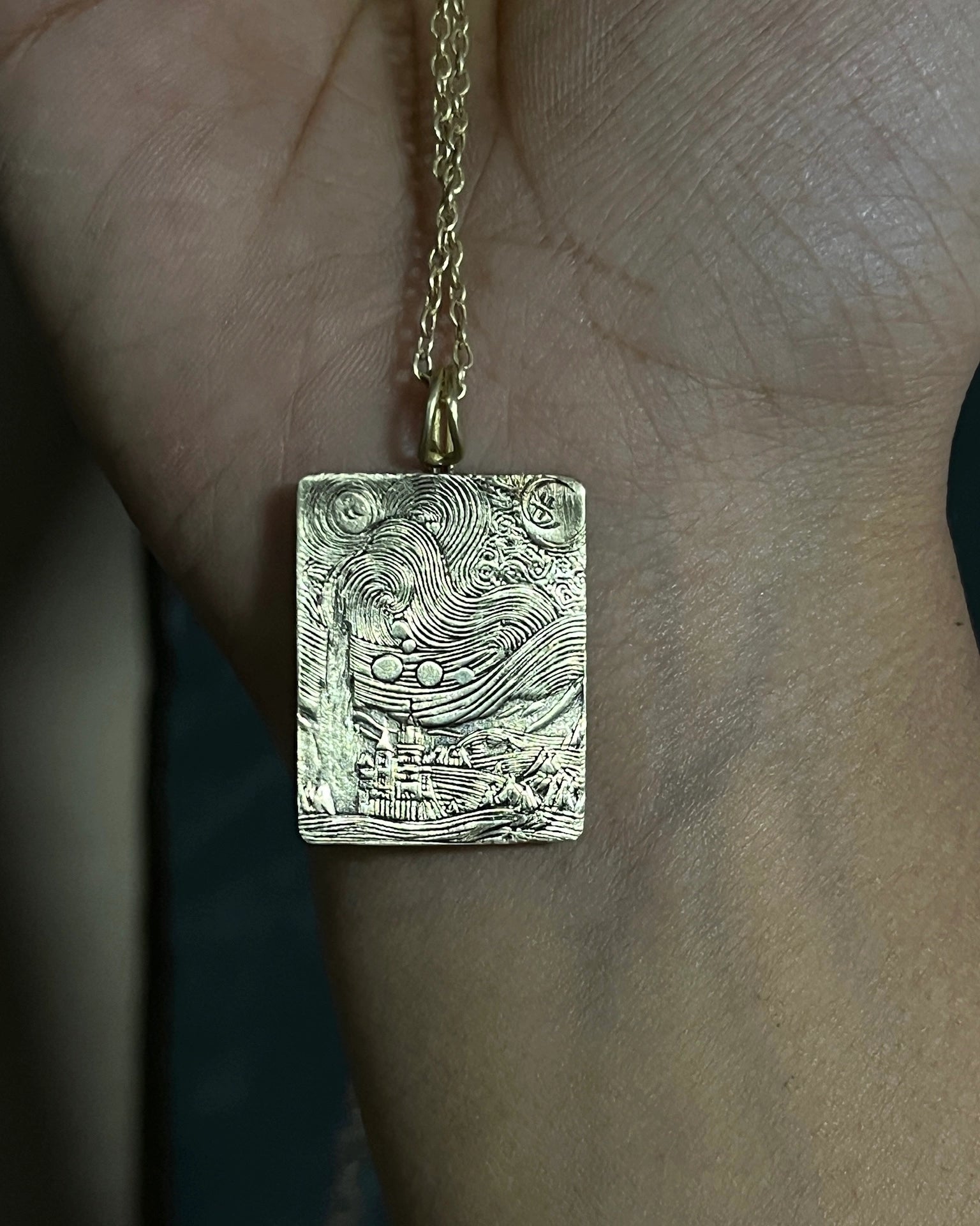 The Starry Night by Vincent Van Gogh inspired Brass necklace with an engraved rectangular pendant handmade by A Creator's Studio