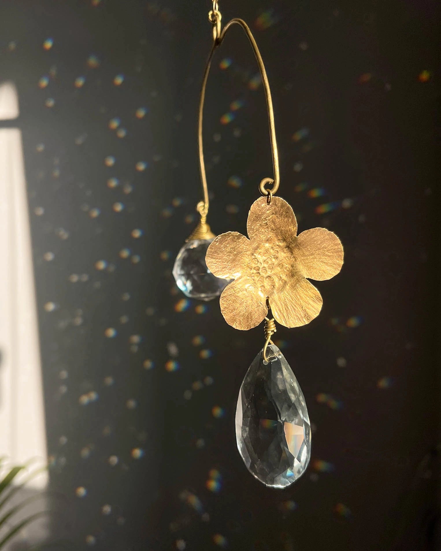 Double flower sun catcher with glass crystal drops and a textured flower, handmade by A Creator's Studio