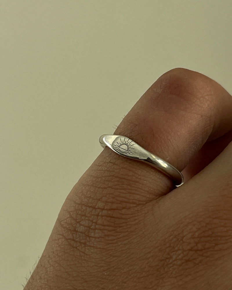 Silver Moon and Sunset engraved signet rings handmade by A Creator's Studio