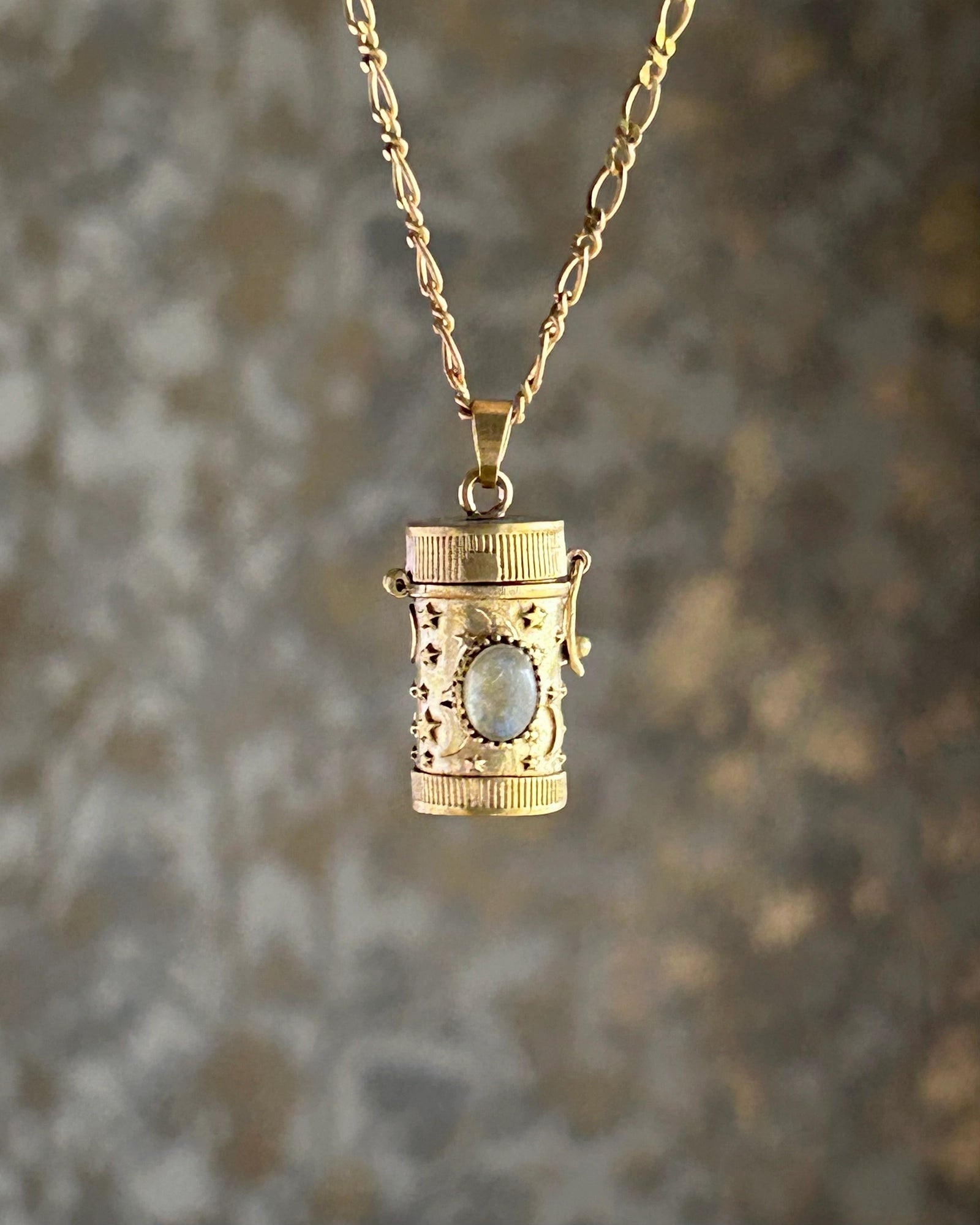 Brass box (dibbi) pendant with a labradorite in the centre with a chain handmade by A Creator's Studio