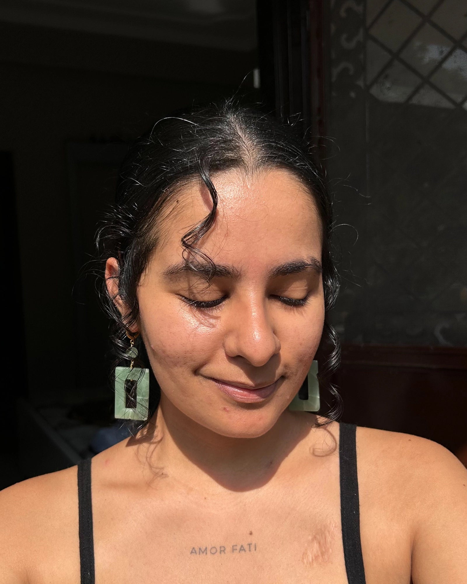 gold plated green Aventurine rectangular earrings handmade by A Creator's Studio