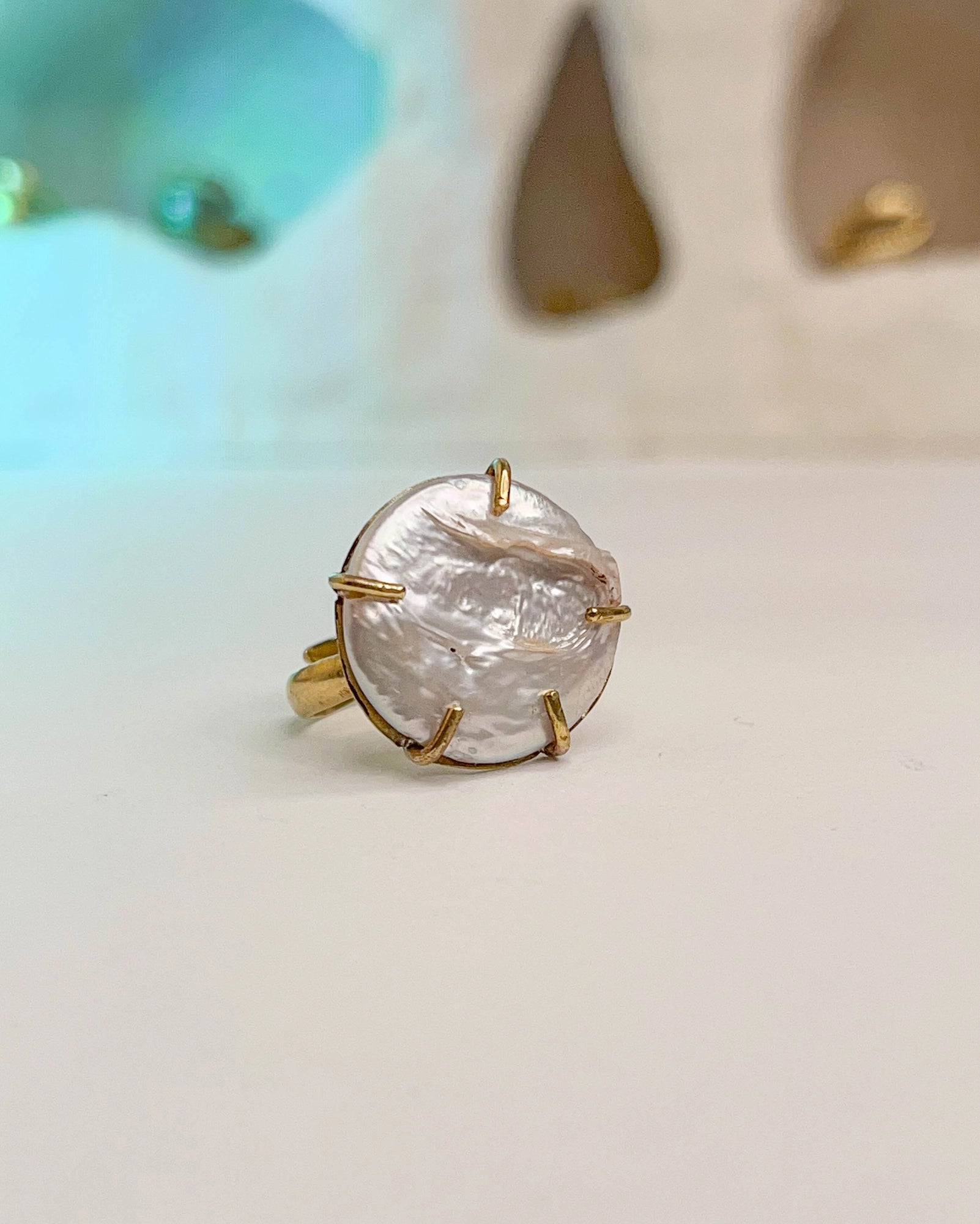 Pearl Coin Ring Brass