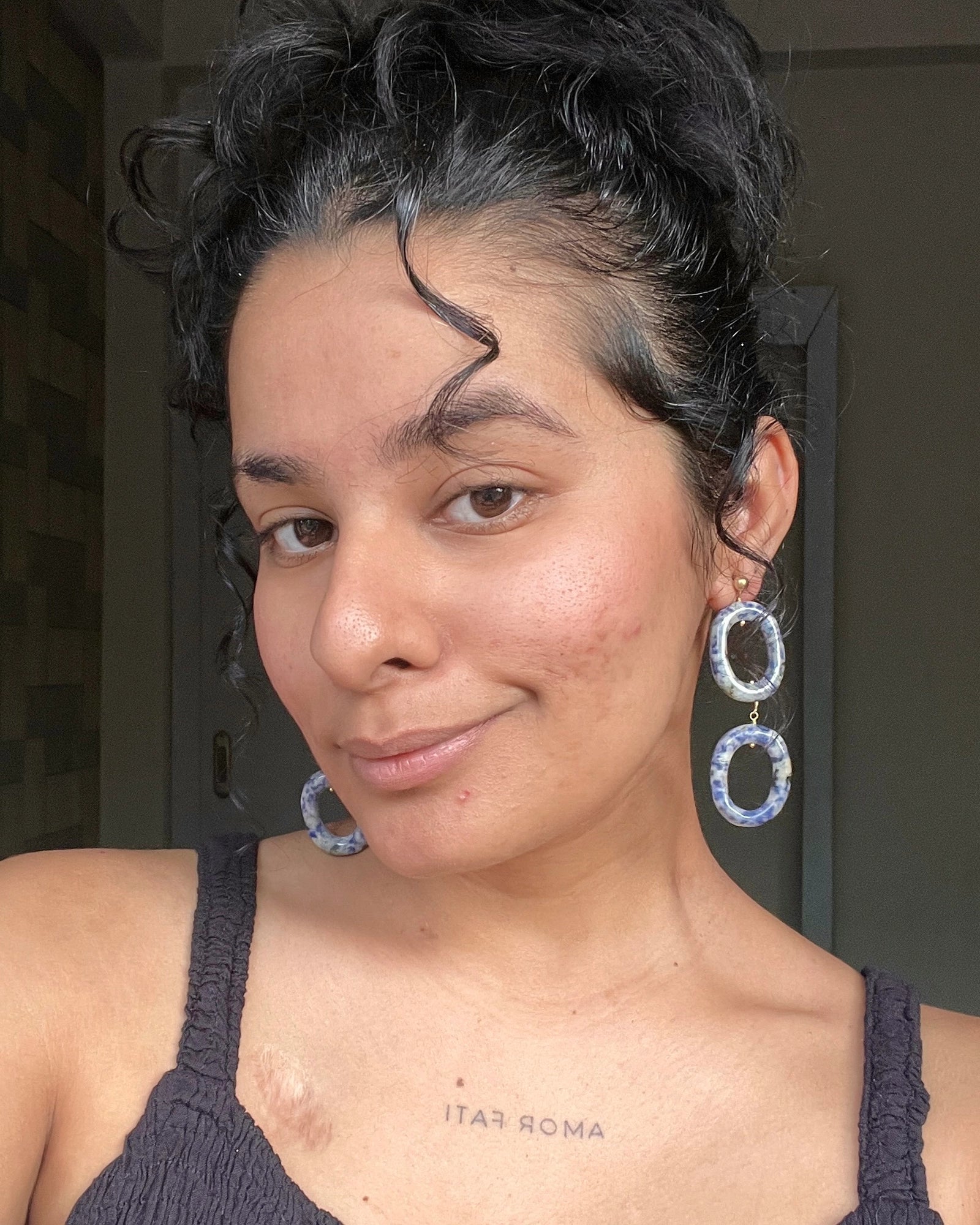 Gold Plated chunky sodalite link earrings with oval sodalite drops handmade by A Creator's Studio