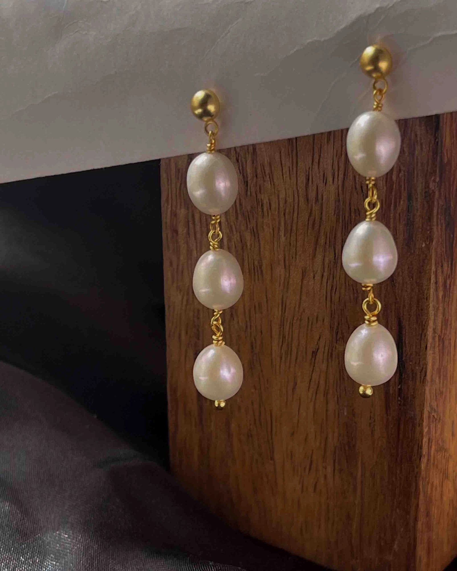 Gold Plated Pearl dangle earrings with three linked freshwater pearls handmade by A Creator's Studio