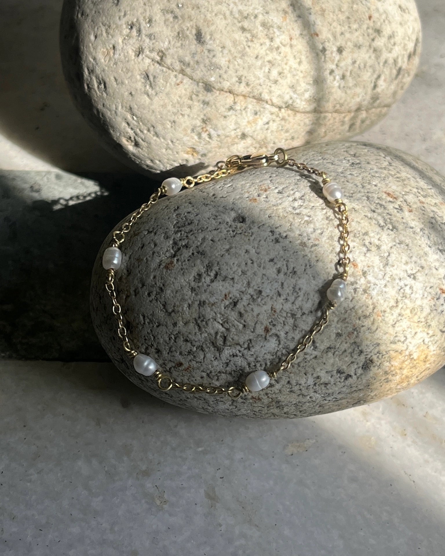 Brass pearl bracelet with freshwater pearls handmade by A Creator's Studio