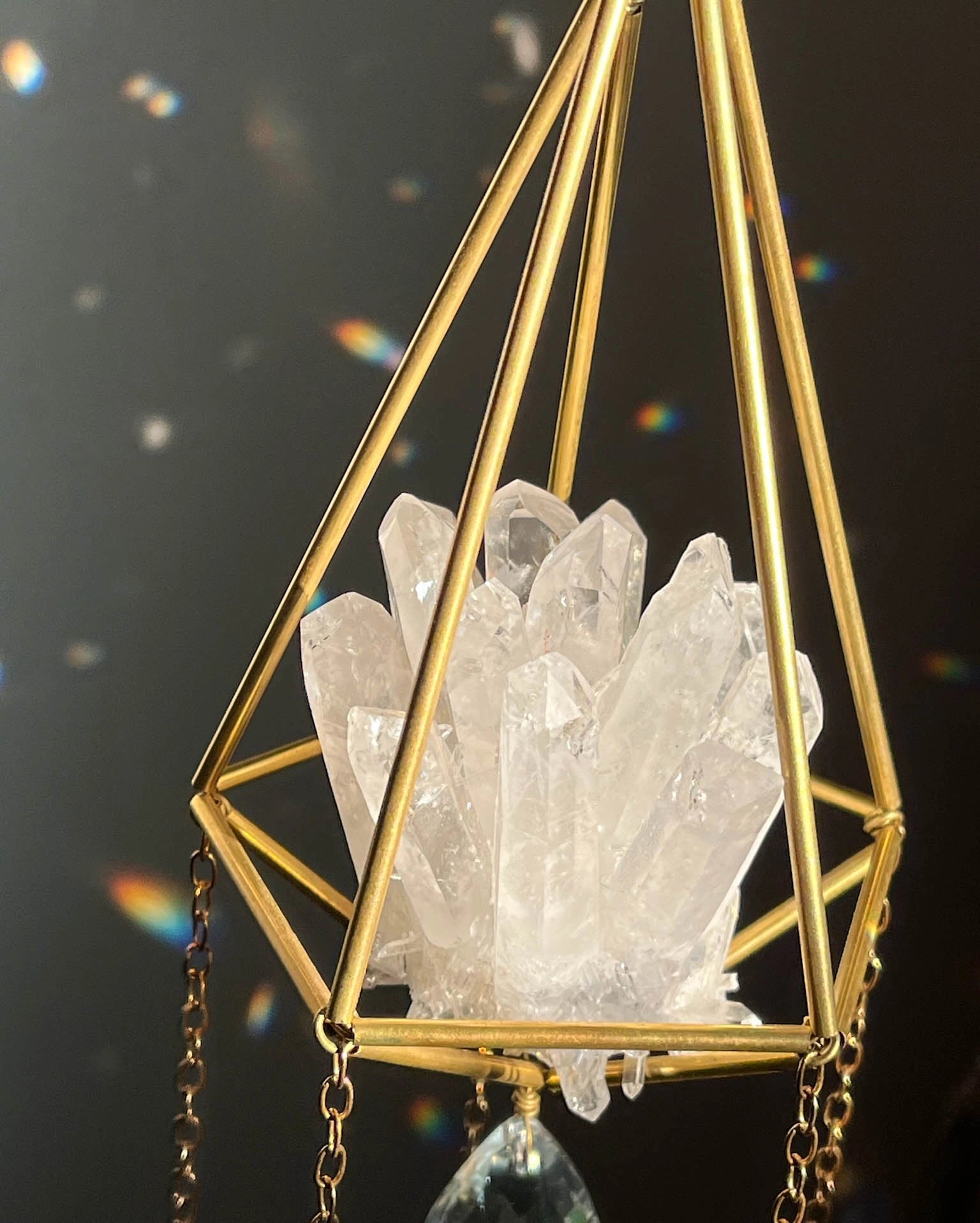 Clear Quartz Crystal sun catcher with a clear quartz cluster in a 3d wired frame and glass crystal drops, handmade by A Creator's Studio