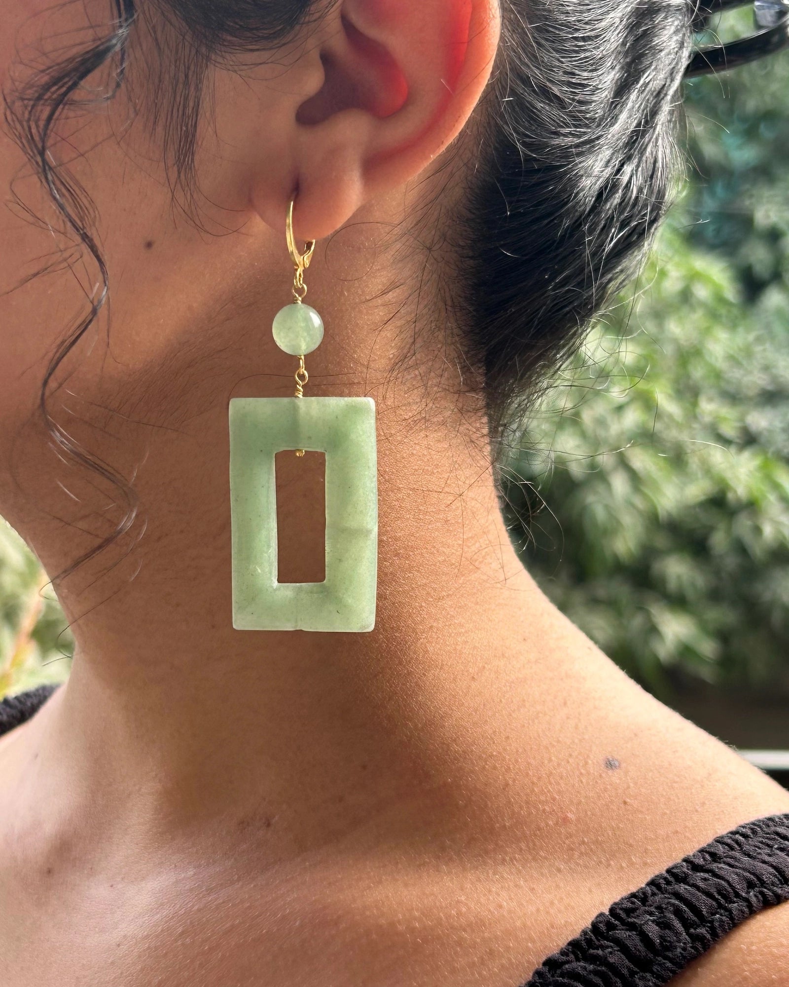 gold plated green Aventurine rectangular earrings handmade by A Creator's Studio