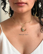 Brass wired crescent moon choker with emeralds and a chain handmade by A Creator's Studio