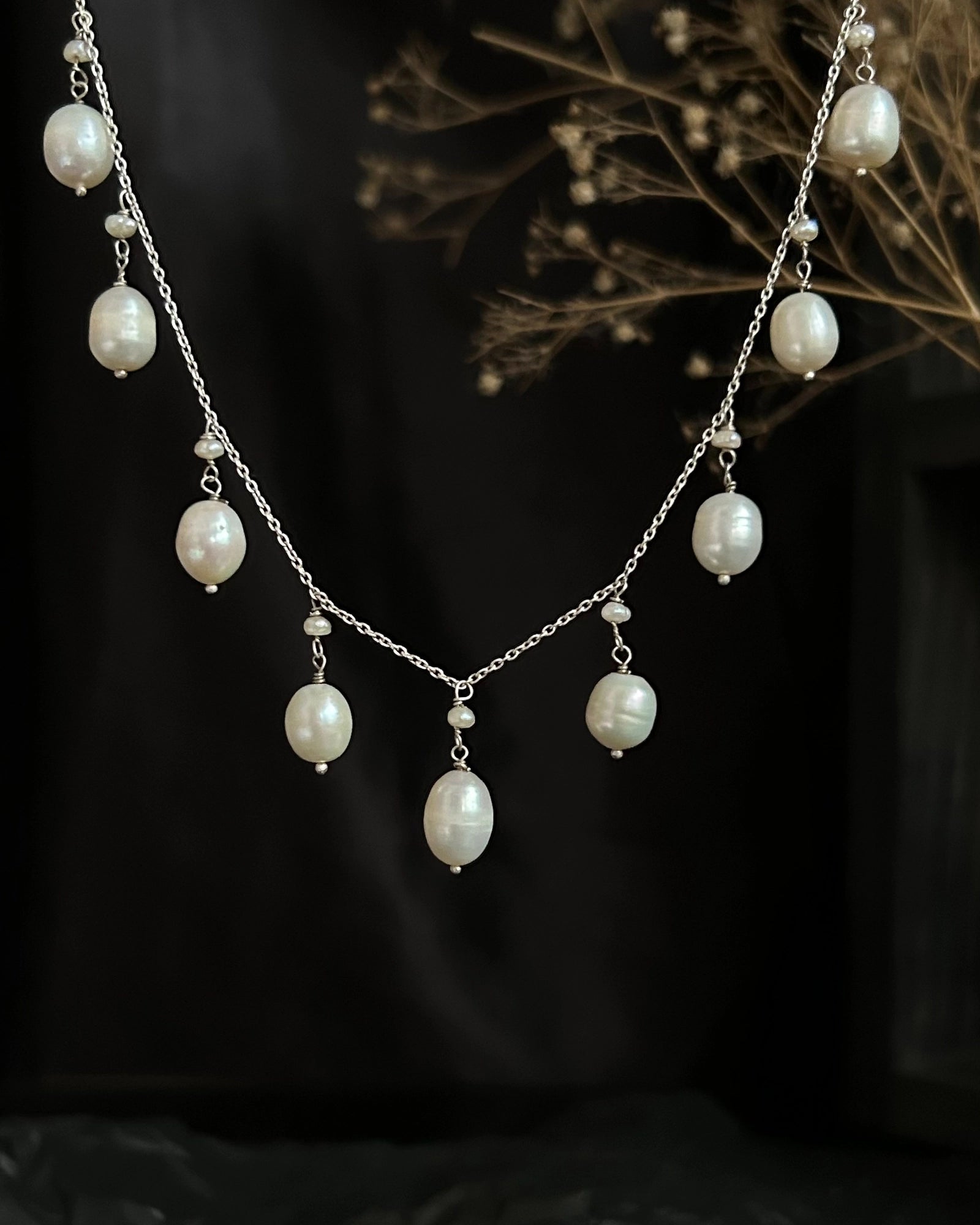 Sterling Silver pearl necklace with multiple freshwater pearl drop links handmade by A Creator's Studio