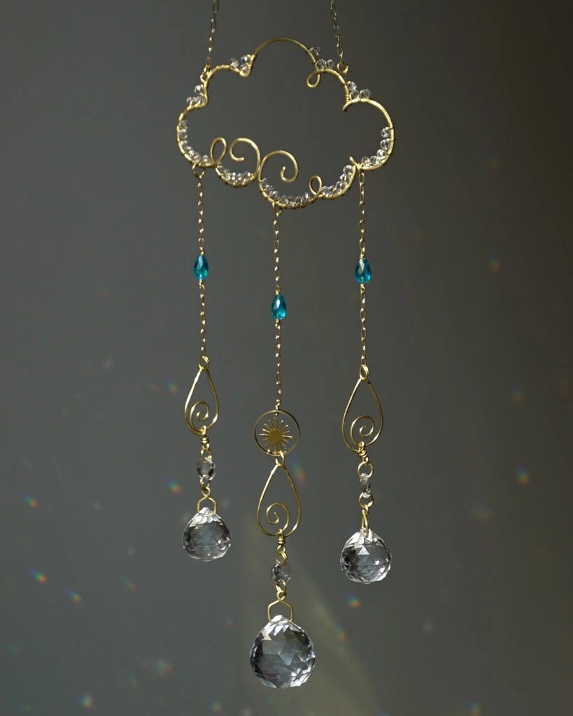 Wired cloud sun catcher with glass crystals and beads handmade by A Creator's Studio