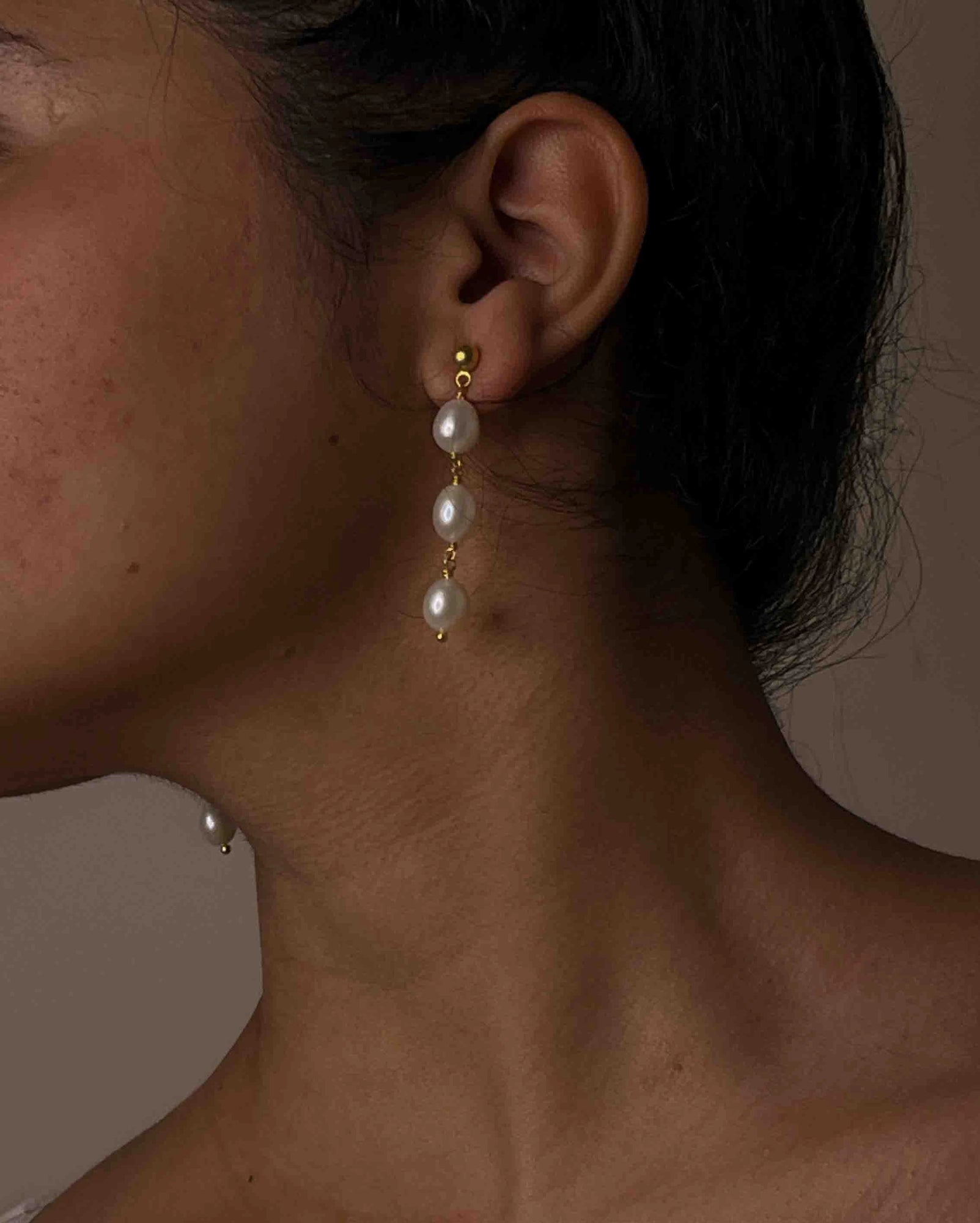 Gold Plated Pearl dangle earrings with three linked freshwater pearls handmade by A Creator's Studio