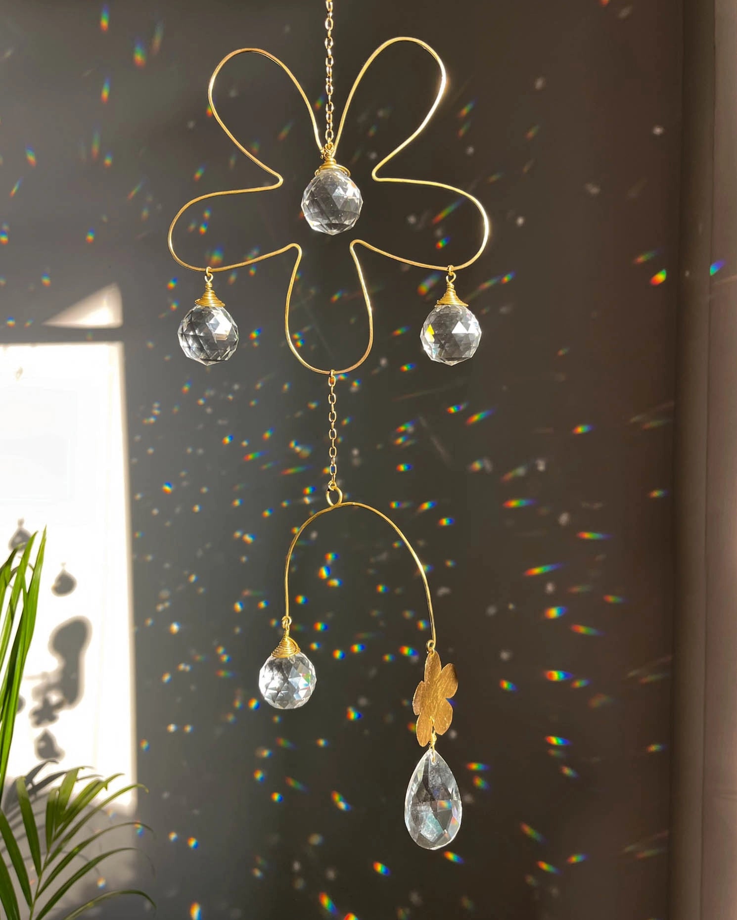Double flower sun catcher with glass crystal drops and a textured flower, handmade by A Creator's Studio
