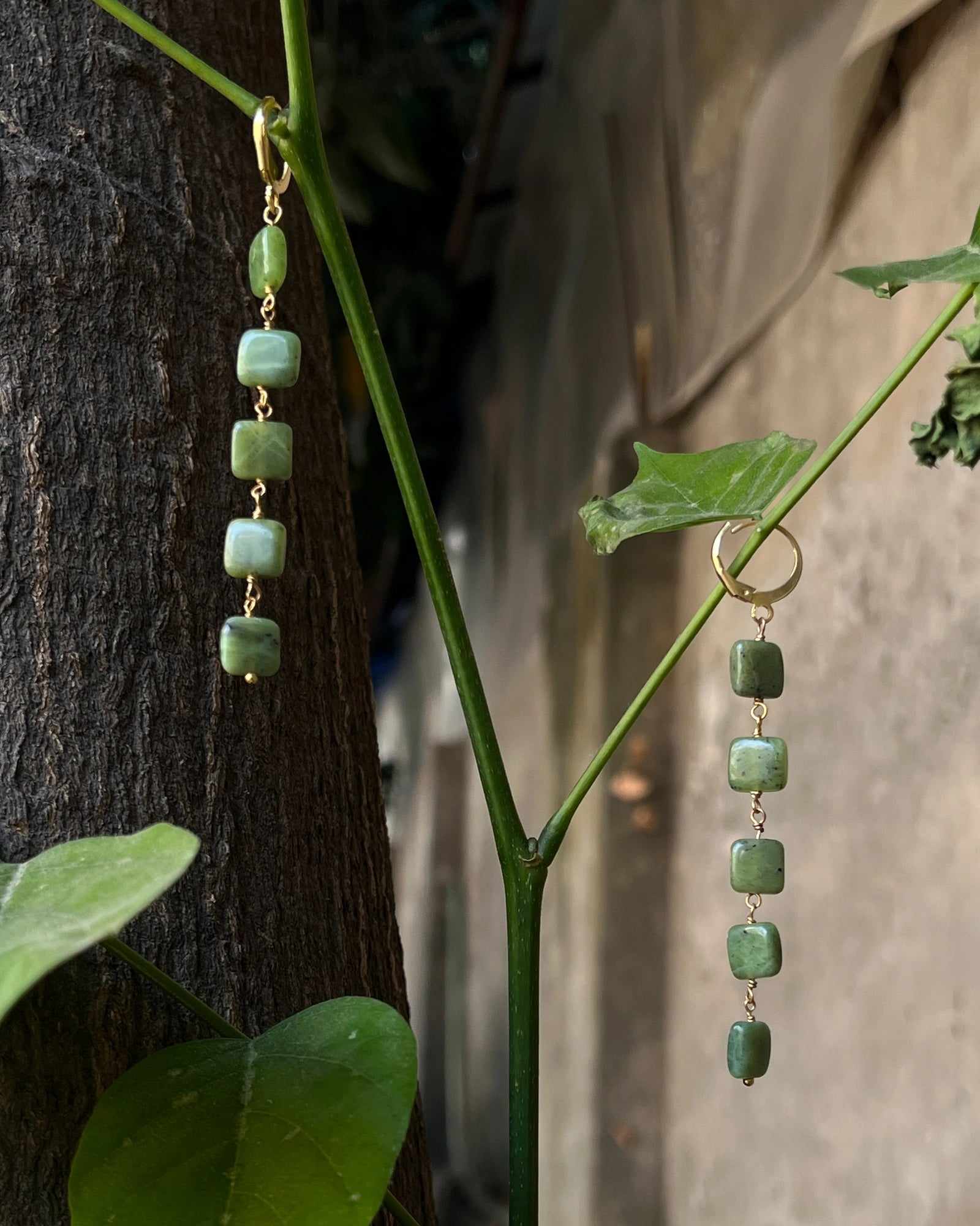 Gold Plated Jade stone Dangle Earrings handmade by A Creator's Studio