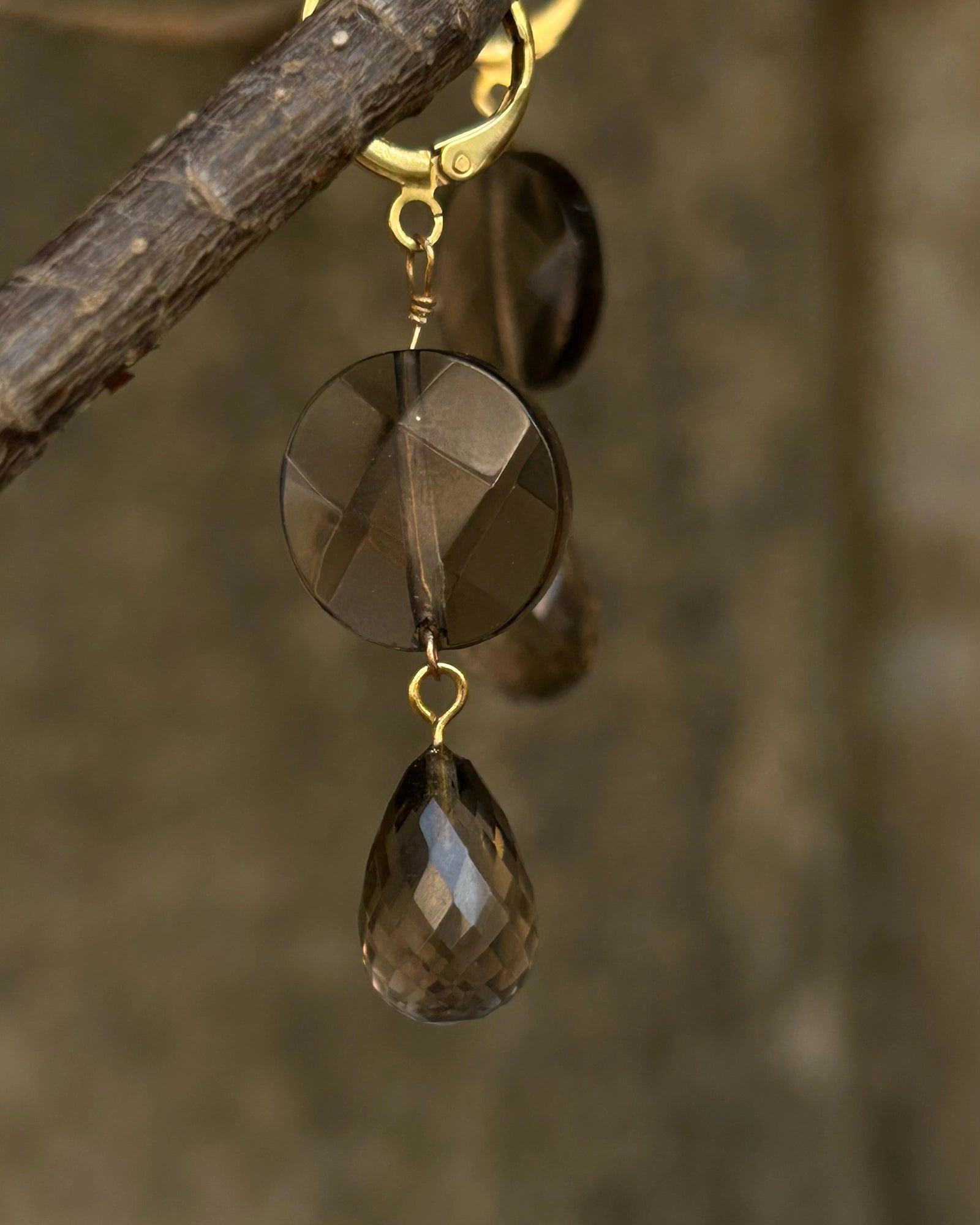 Gold plated smoky quartz earrings with a smoky quartz drop handmade by A Creator's Studio