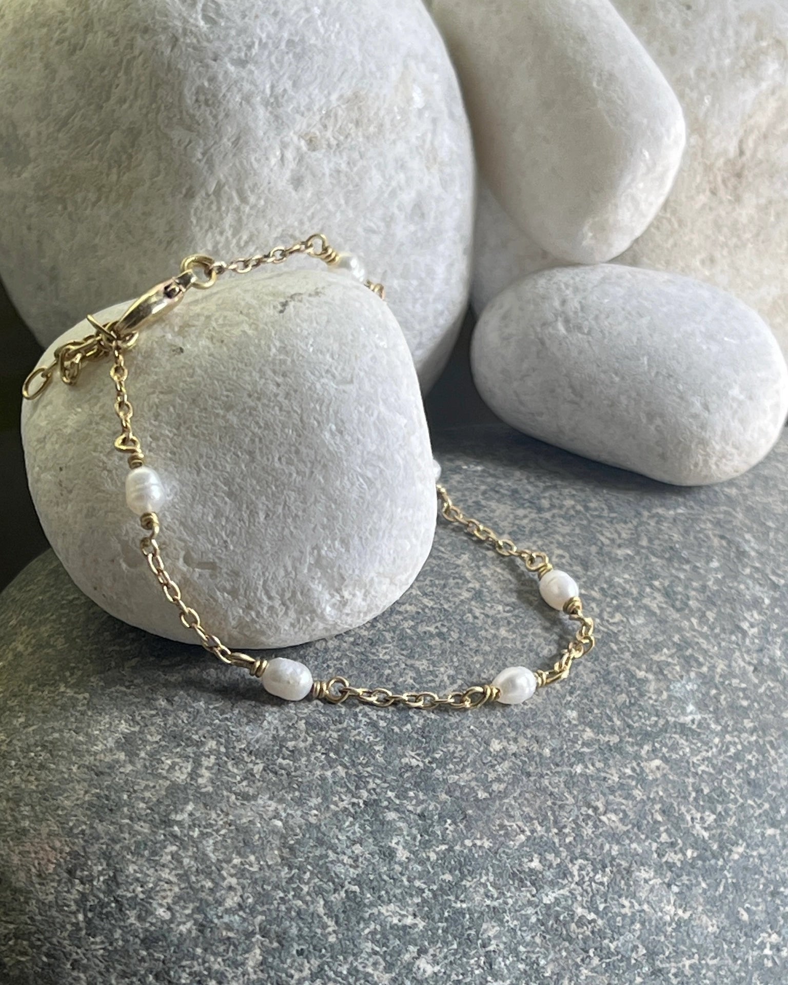 Brass pearl bracelet with freshwater pearls handmade by A Creator's Studio
