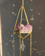 Amethyst Crystal sun catcher with an amethyst cluster in a 3d wired frame and glass crystal drops, handmade by A Creator's Studio