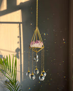 Amethyst Crystal sun catcher with an amethyst cluster in a 3d wired frame and glass crystal drops, handmade by A Creator's Studio