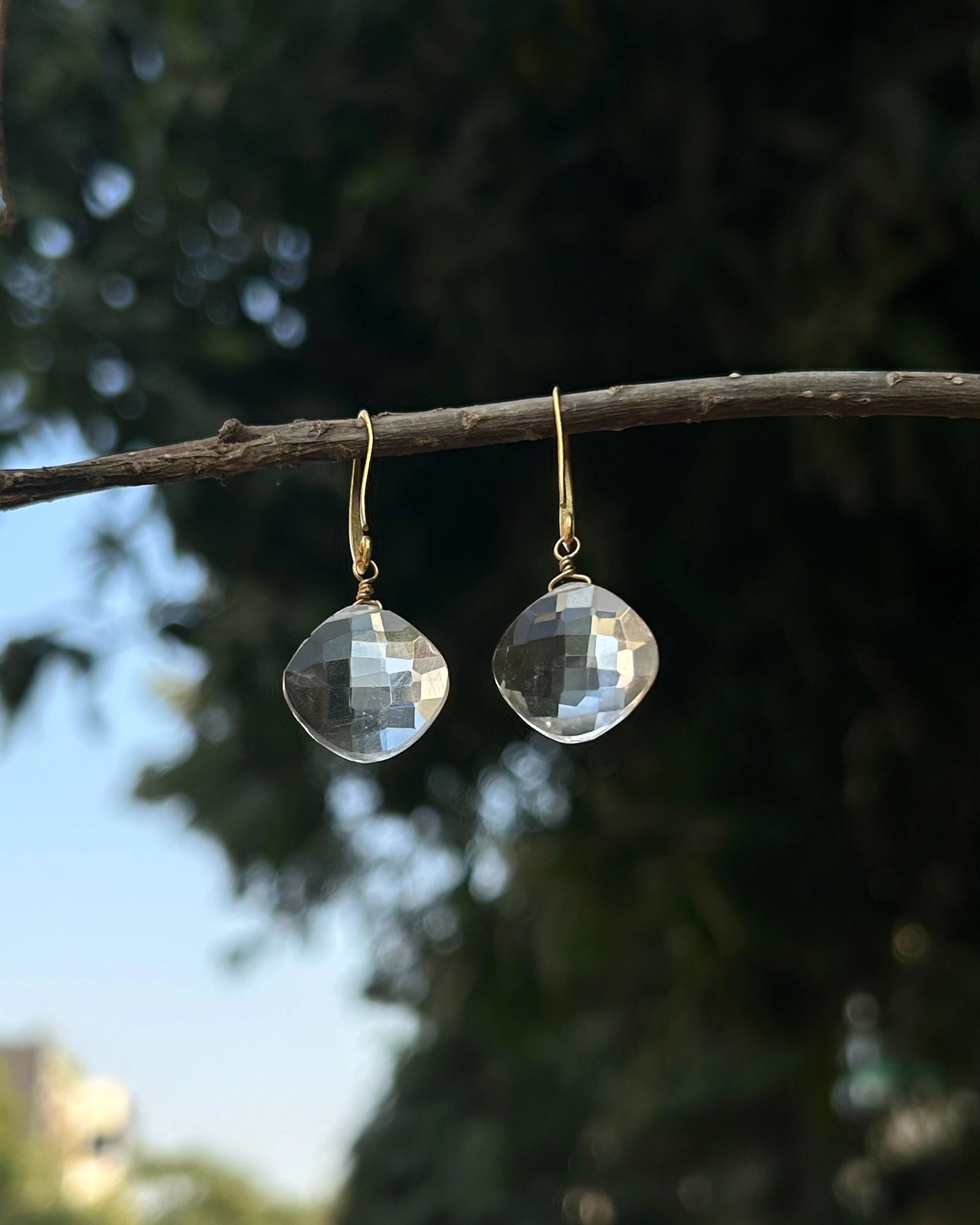 Gold Plated Clear quartz faceted drop earrings handmade by A Creator's Studio