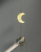 Sun and textured moon suncatcher with clear crystals handmade by A Creator's Studio