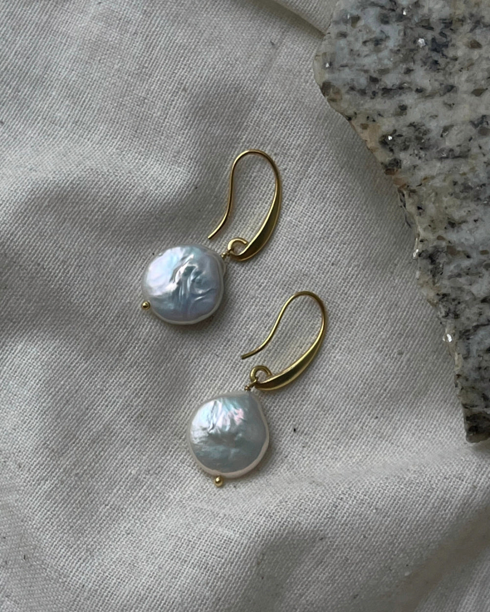 Gold plated freshwater pearl earrings with a freshwater pearl drop handmade by A Creator's Studio