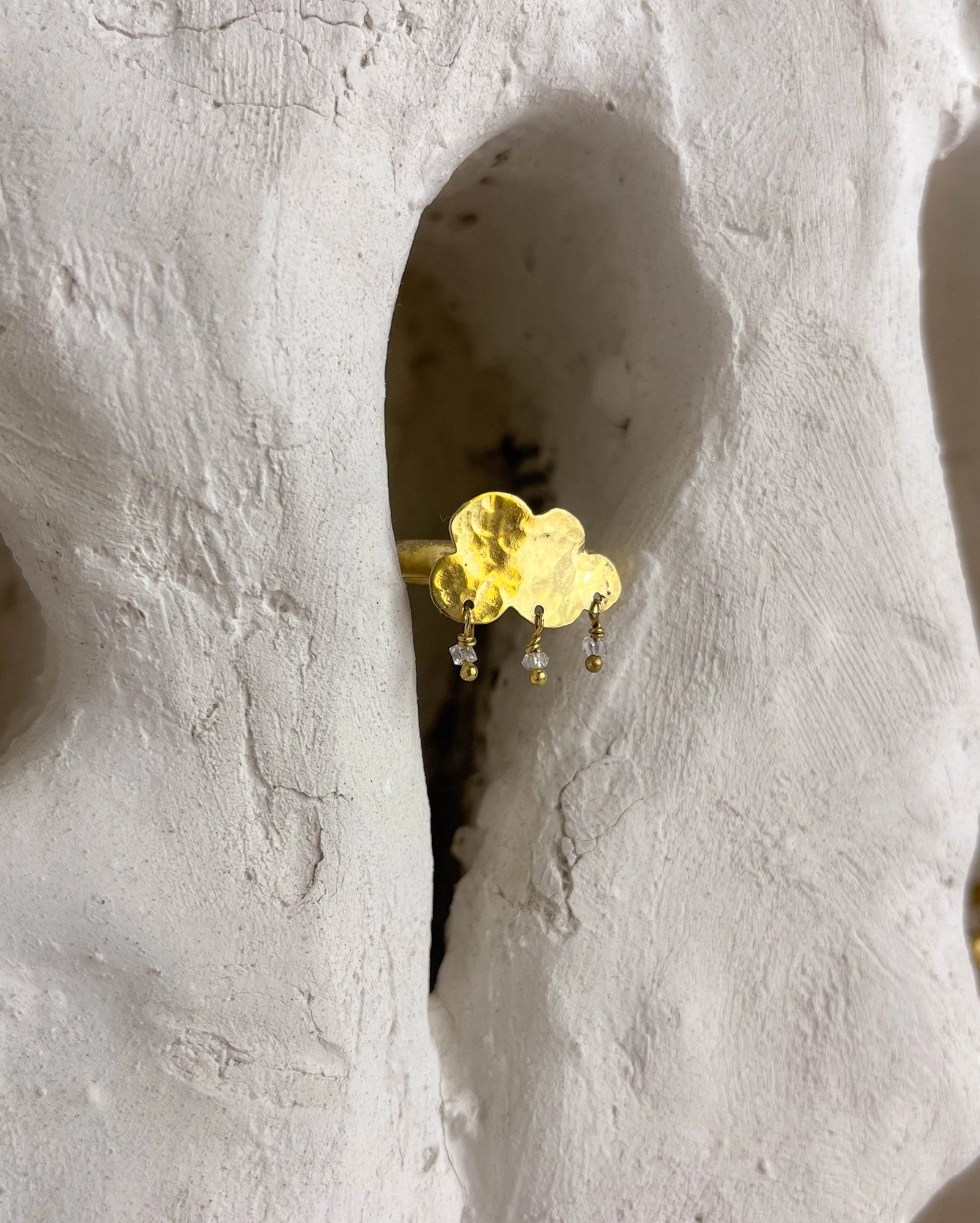 Brass ring with cloud and herkimer diamonds handmade by a creator's studio