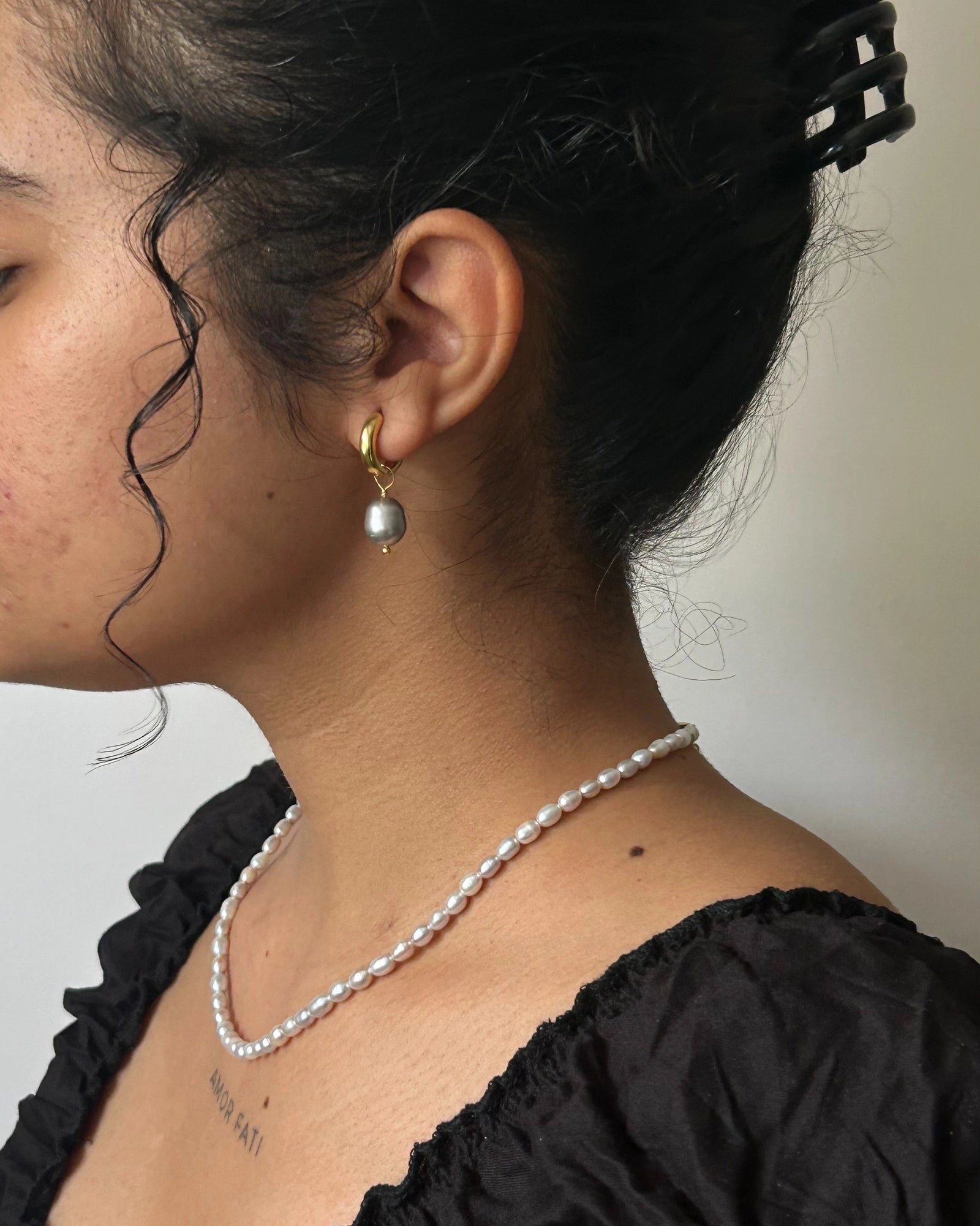 Gold Plated Earring with a grey freshwater pearl drop handmade by A Creator's Studio