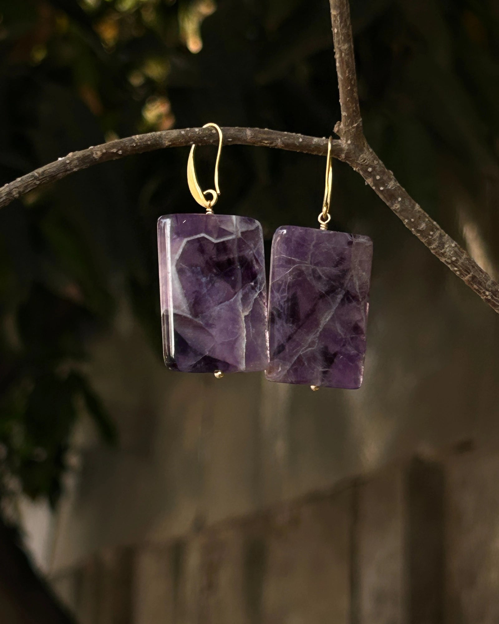 gold plated, Purple amethyst stone, drop earrings handmade by A Creator's Studio