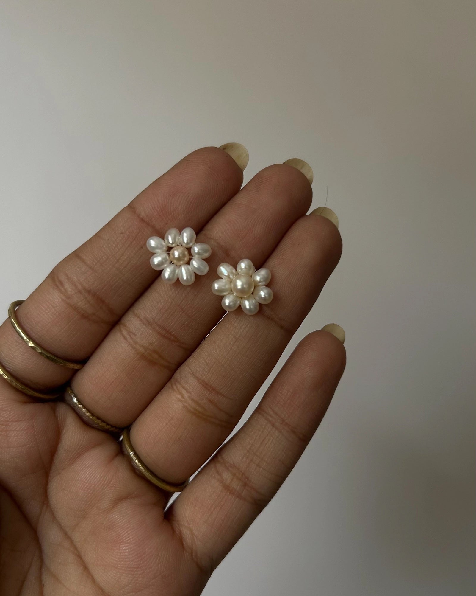 Flower freshwater pearl studs in sterling silver handmade by A Creator's Studio