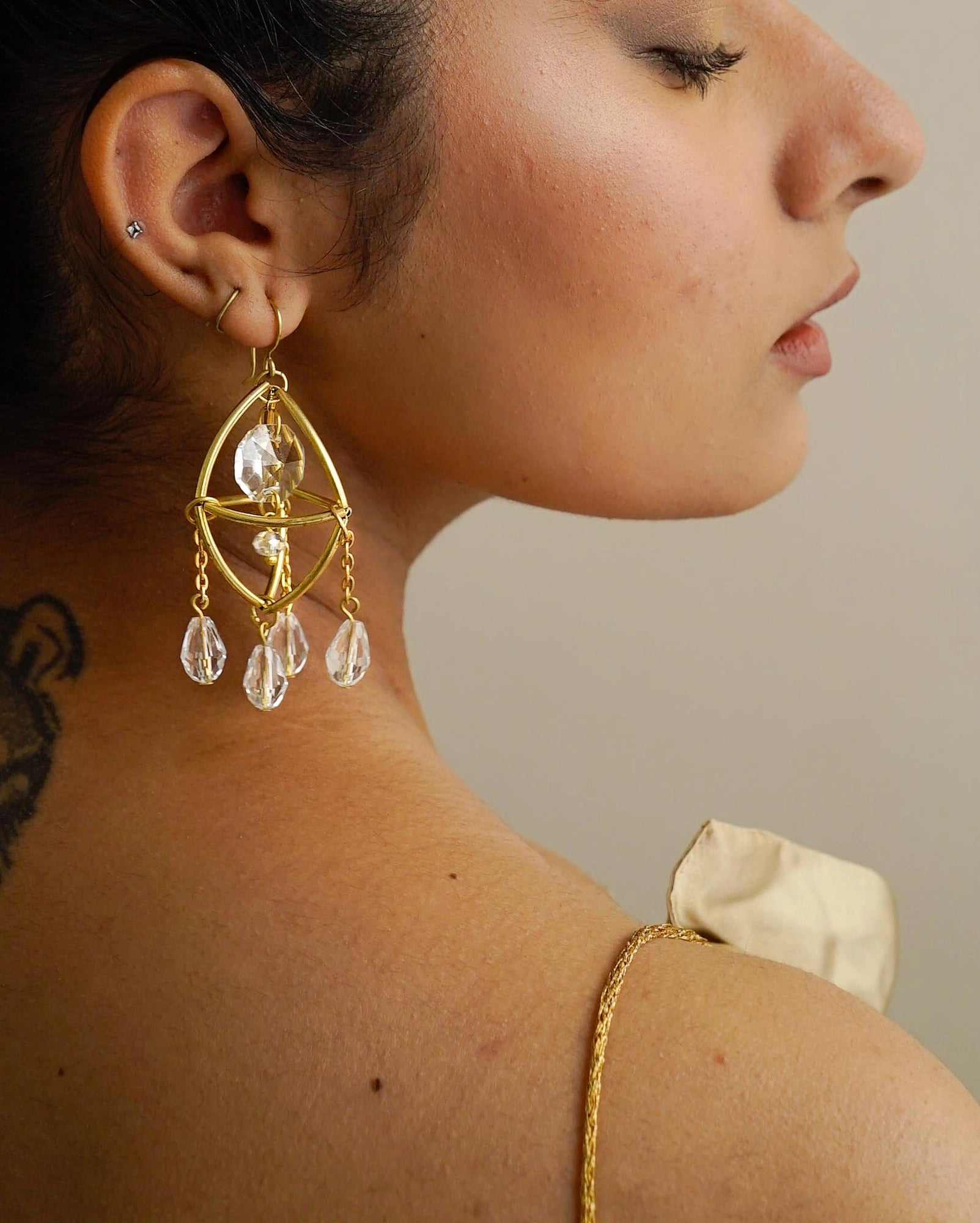 gold plated Mini Suncatcher earrings with four clear crystal drops handmade by A Creator's Studio
