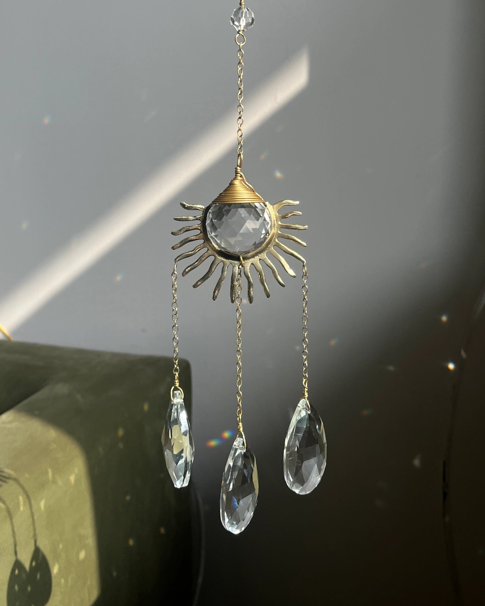 Sun and textured moon suncatcher with clear crystals handmade by A Creator's Studio