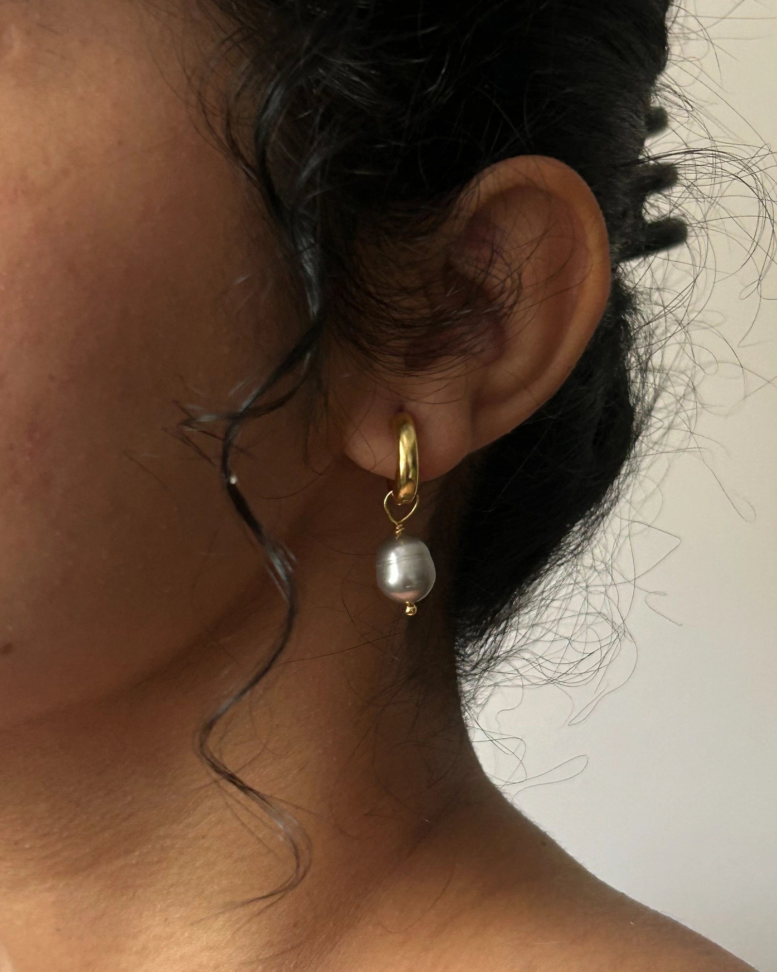 Gold Plated Earring with a grey freshwater pearl drop handmade by A Creator's Studio