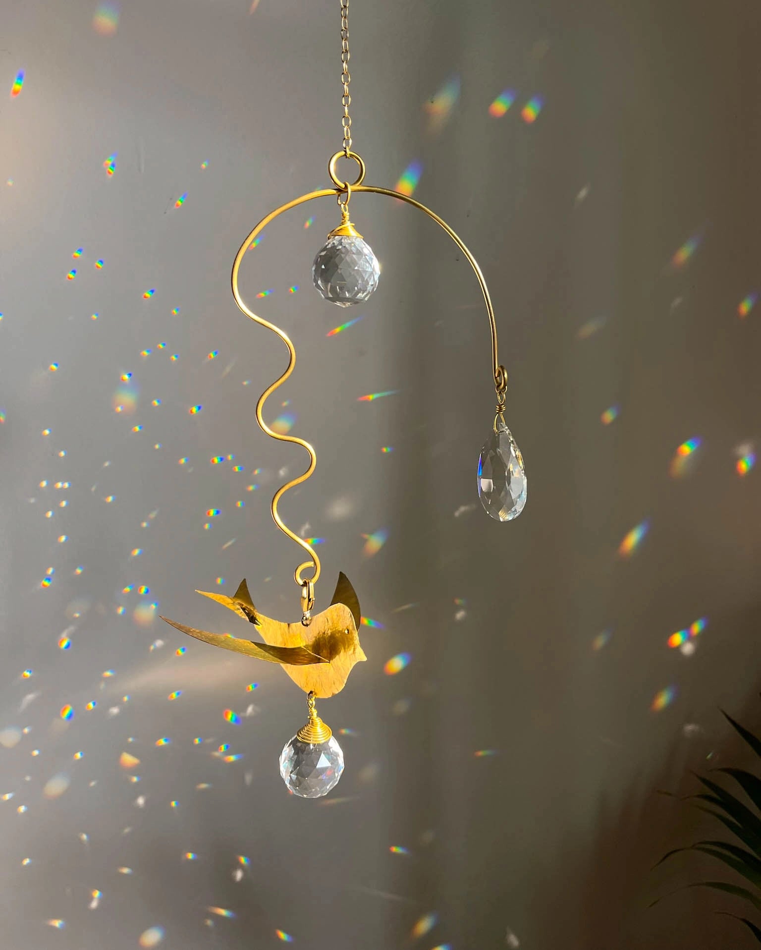 Brass wired bird suncatcher with clear crystals handmade by A Creator's Studio