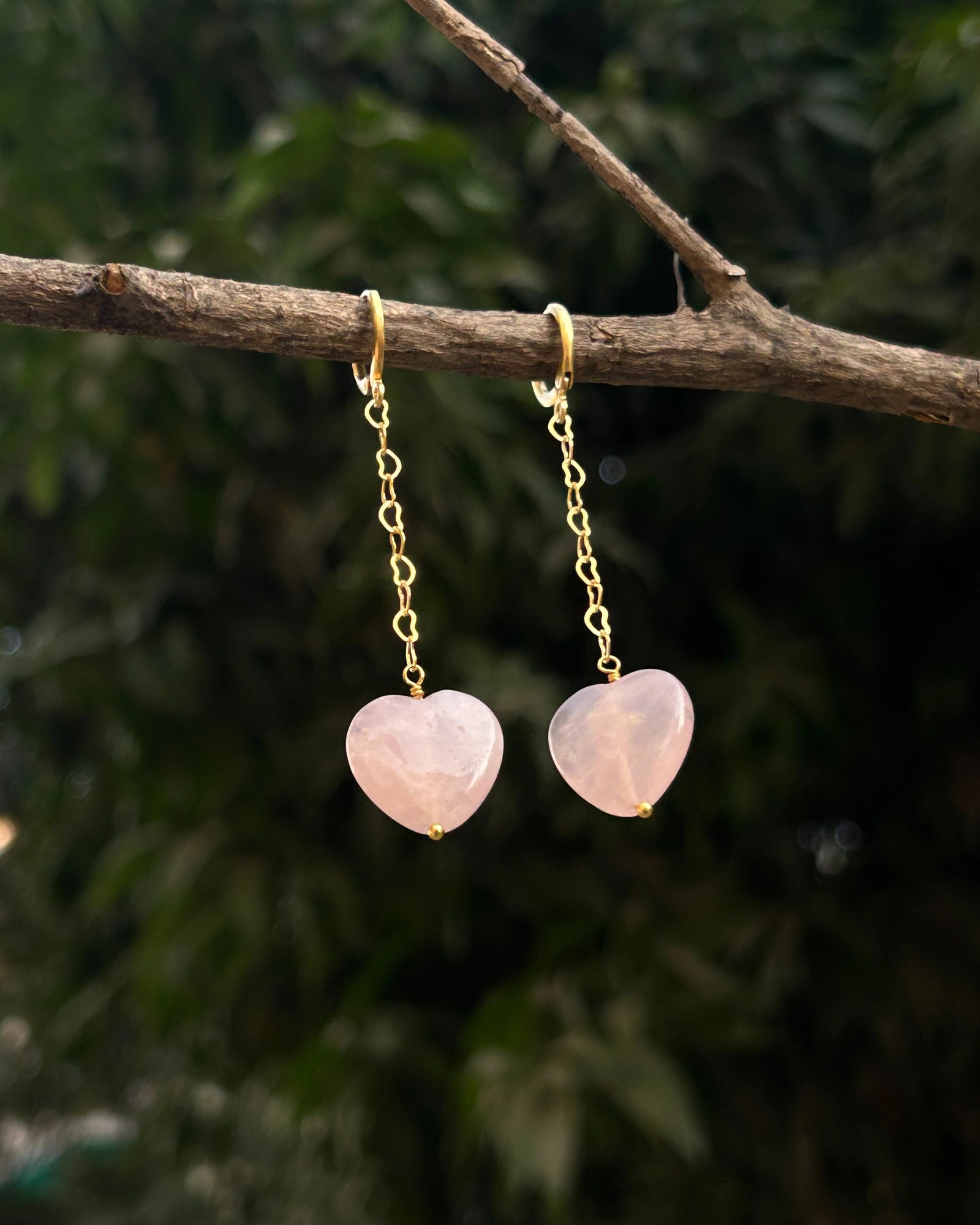 Gold Plated rose quartz dangle earrings with pink rose quartz drops handmade by A Creator's Studio