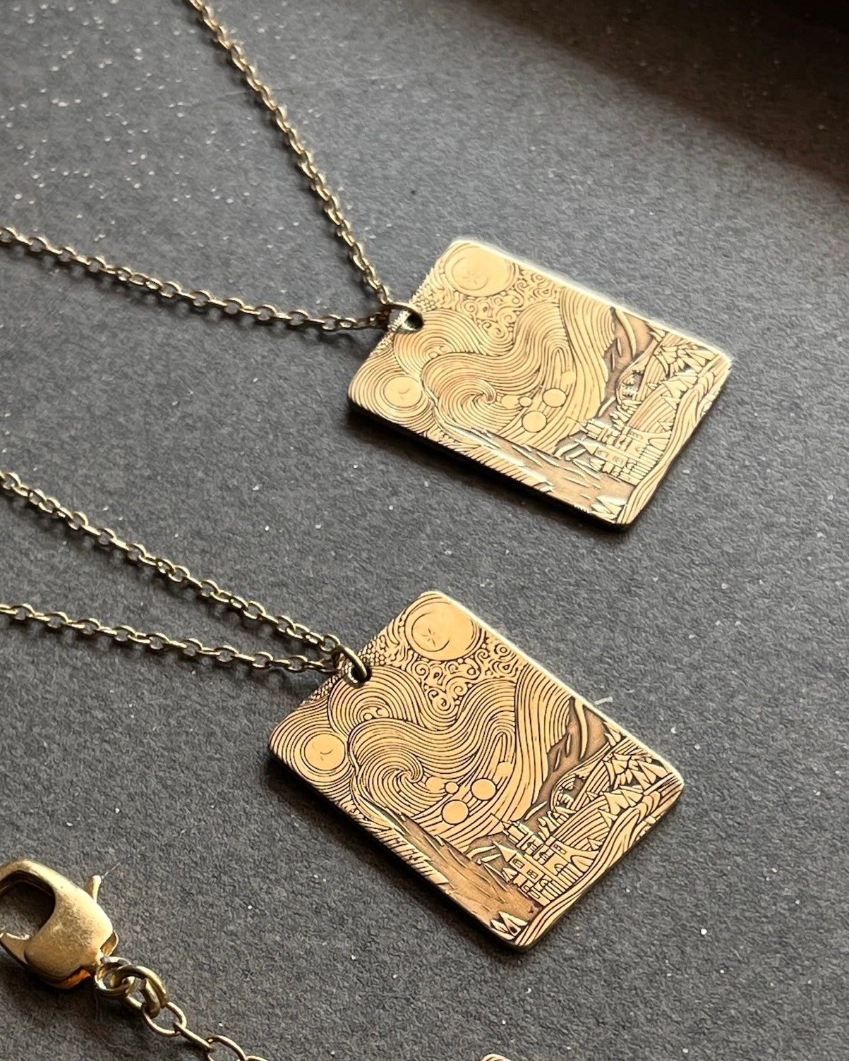 The Starry Night by Vincent Van Gogh inspired Brass necklace with an engraved rectangular pendant handmade by A Creator's Studio