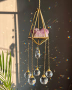 Amethyst Crystal sun catcher with an amethyst cluster in a 3d wired frame and glass crystal drops, handmade by A Creator's Studio