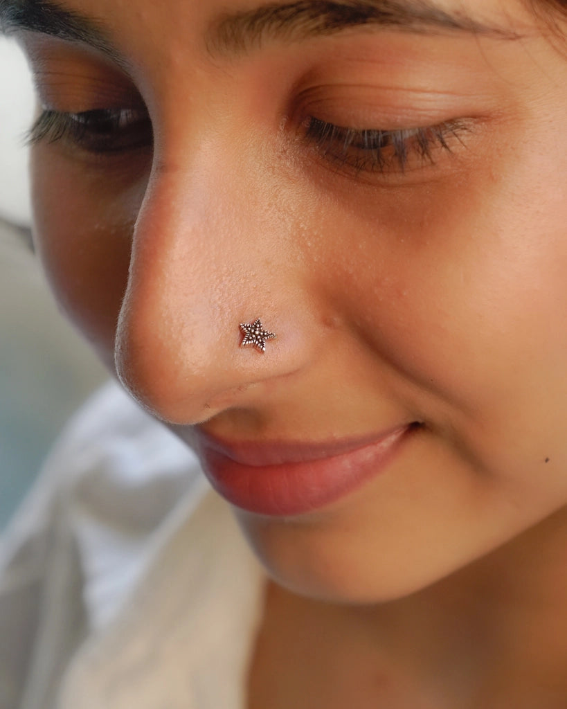 Silver oxidised star nose ring for pierced nose handmade by A Creator's Studio