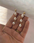 Gold Plated Pearl dangle earrings with three linked freshwater pearls handmade by A Creator's Studio