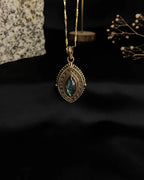 Brass box (dibbi) pendant with a large labradorite sitting in the centre with a chain handmade by A Creator's Studio