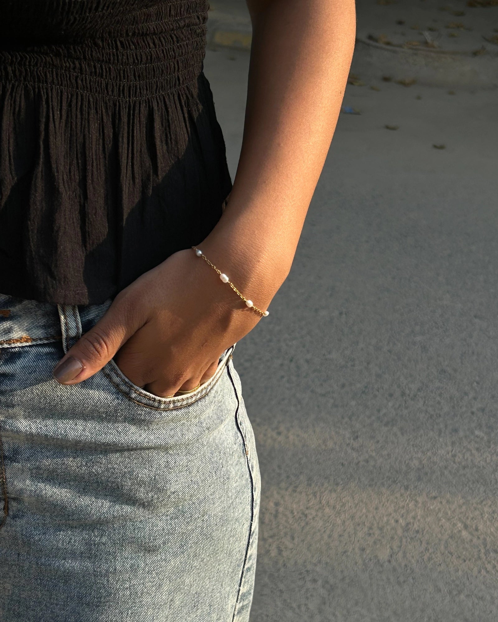 Brass pearl bracelet with freshwater pearls handmade by A Creator's Studio