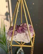 Amethyst Crystal sun catcher with an amethyst cluster in a 3d wired frame and glass crystal drops, handmade by A Creator's Studio