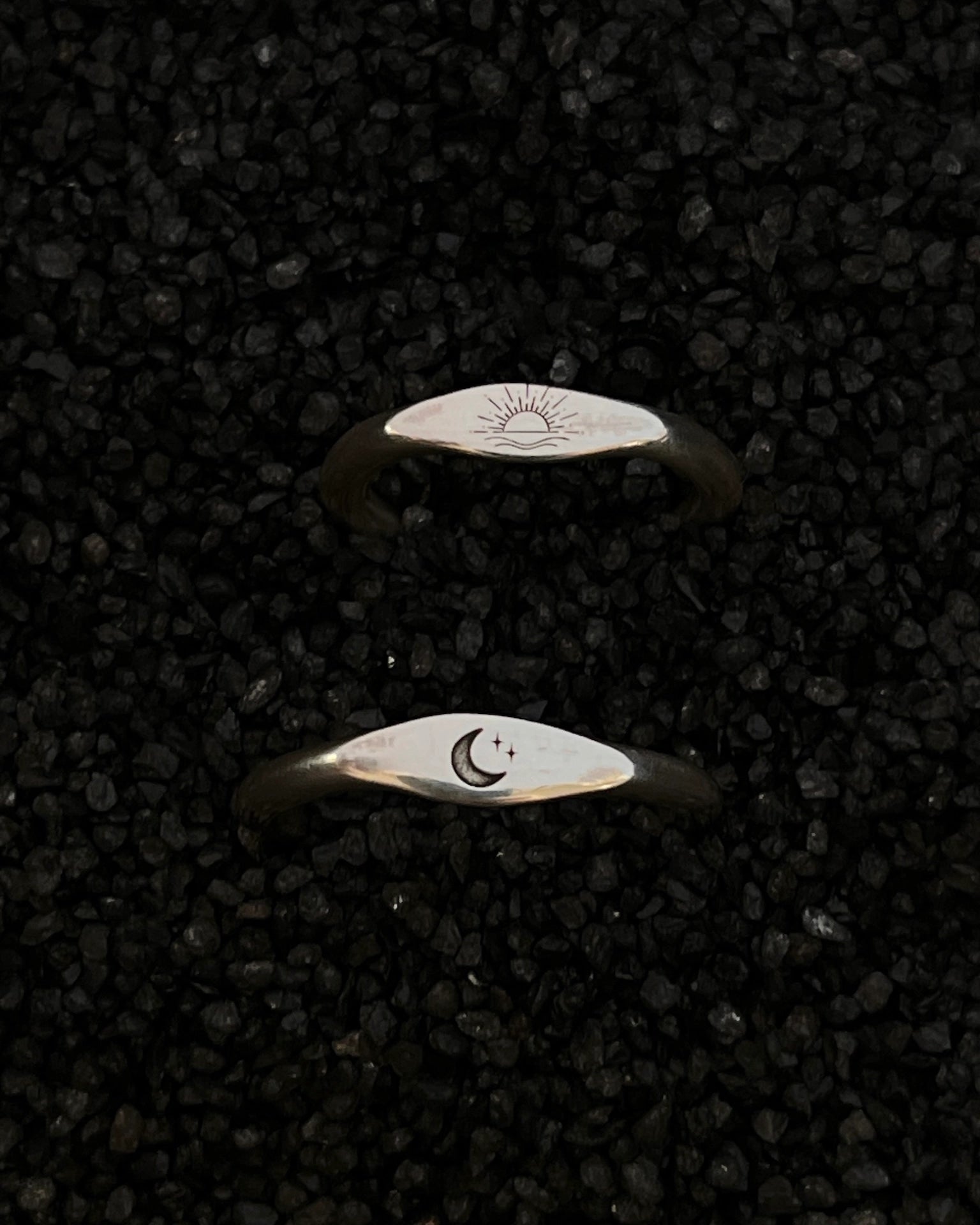 Silver Moon and Sunset engraved signet rings handmade by A Creator's Studio