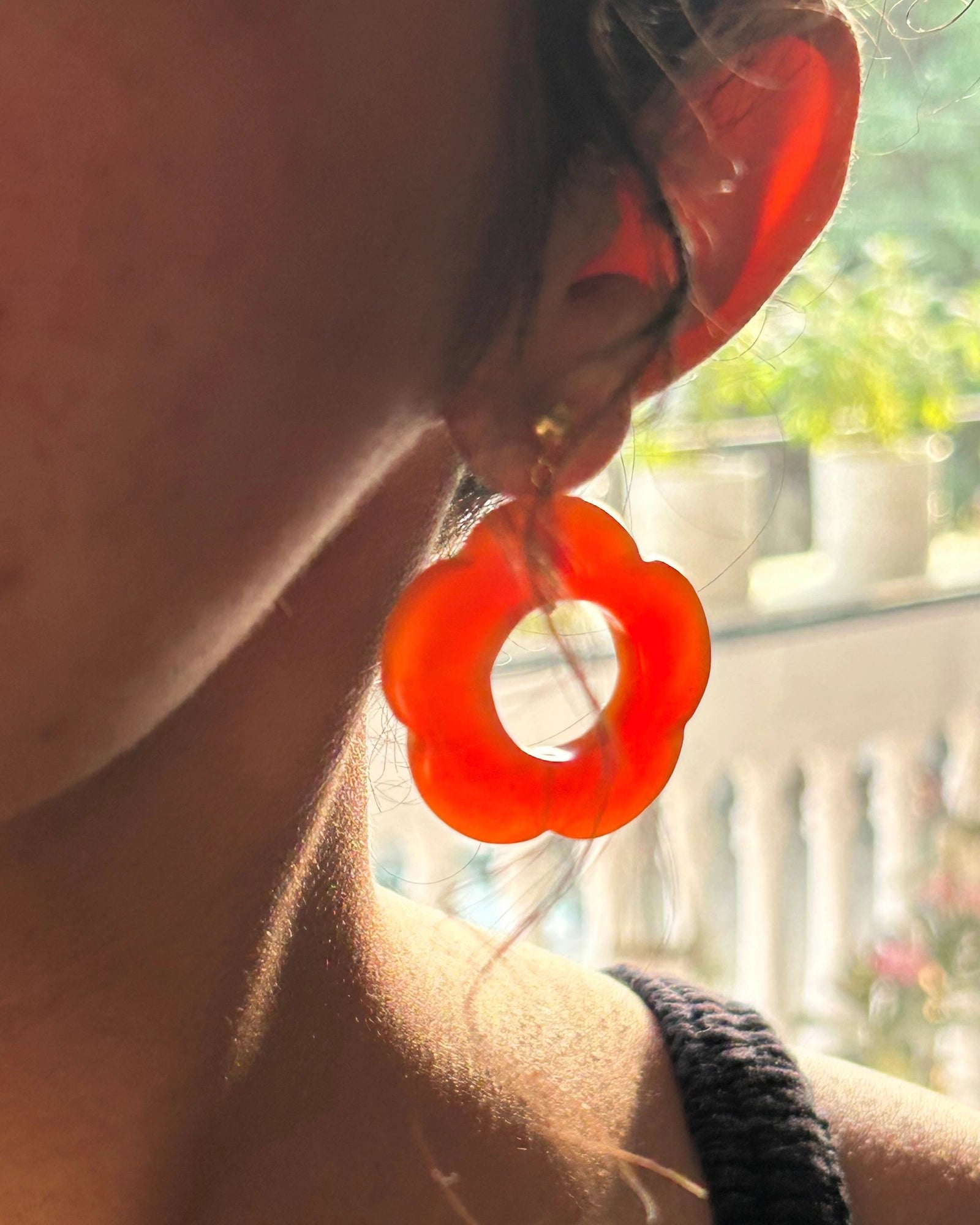 gold plated Carved Carnelian floral earrings with a carnelian flower drop handmade by A Creator's Studio