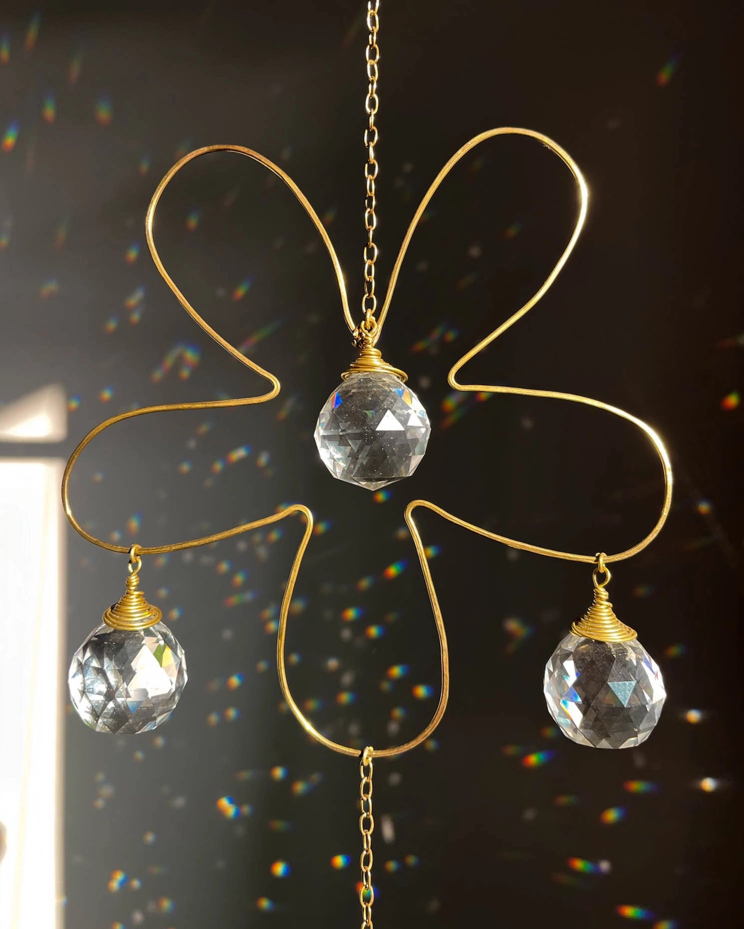 Double flower sun catcher with glass crystal drops and a textured flower, handmade by A Creator's Studio